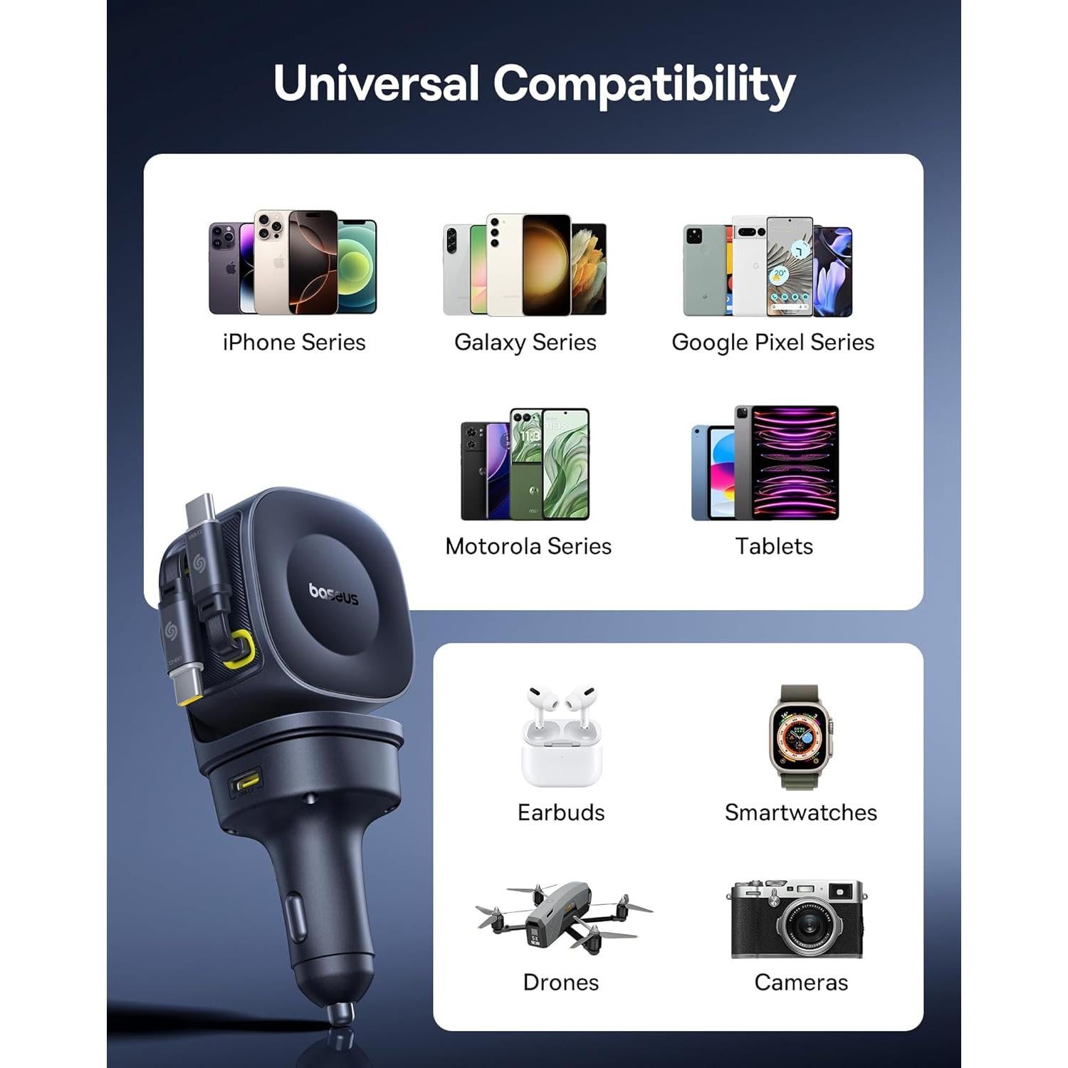 Cargador de Coche Baseus 163W Retráctil USB-C Carga Rápida