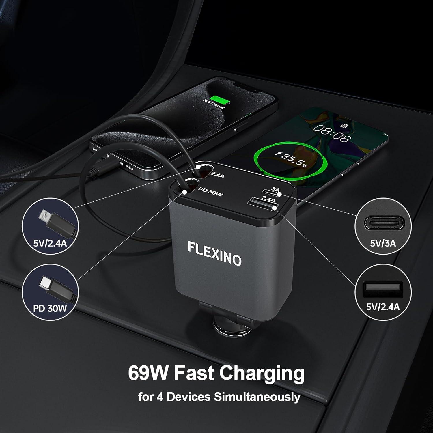 Cargador de coche Flexino 4 en 1 USB C 69W para iPhone 16