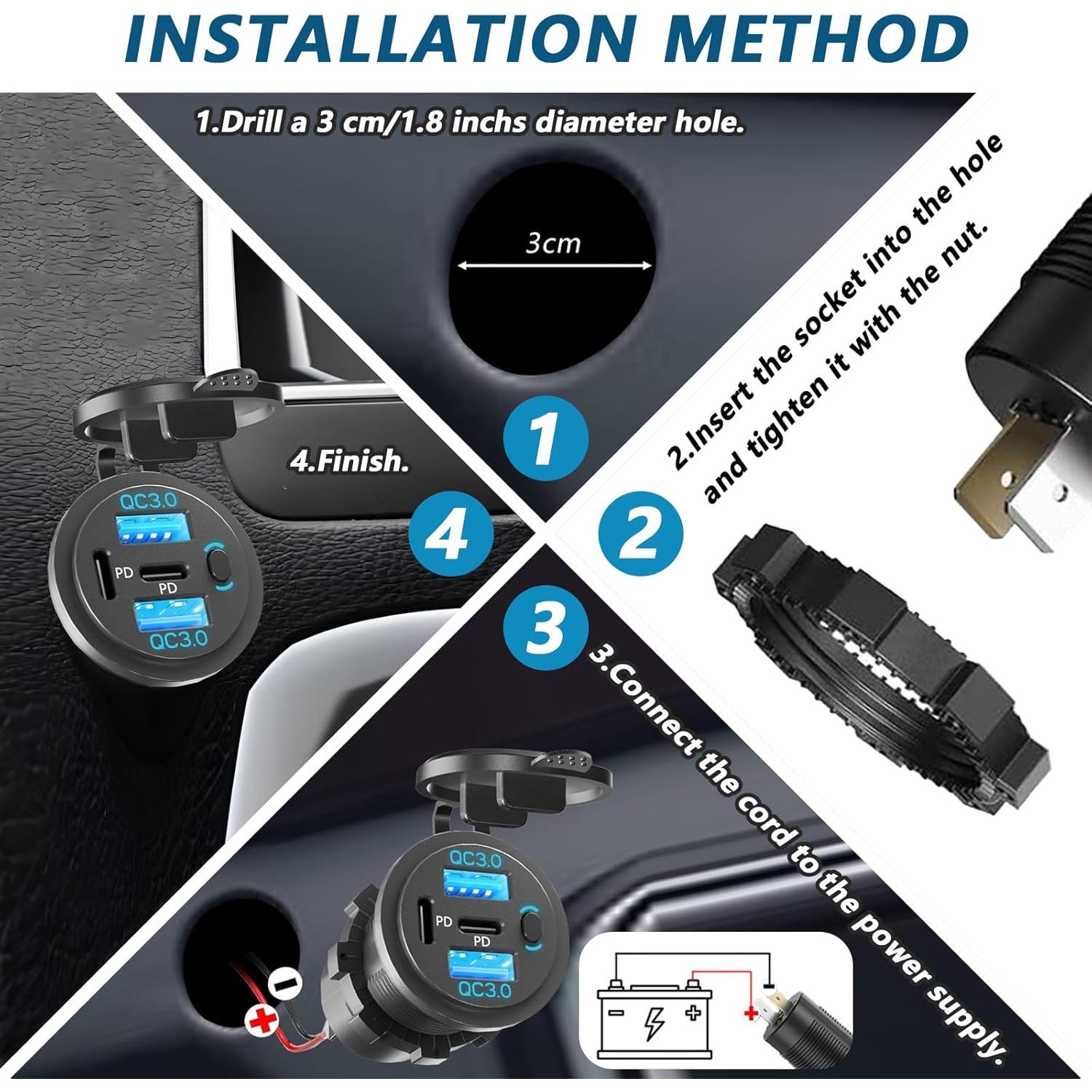 Cargador de Coche VANONE 4 Puertos USB QC3.0 y PD 12V