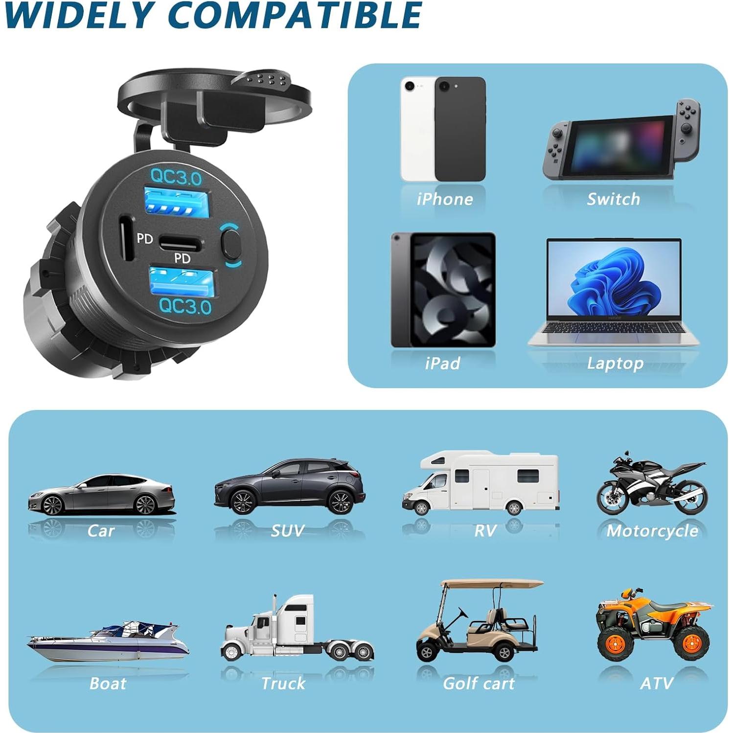 Cargador de Coche VANONE 4 Puertos USB QC3.0 y PD 12V