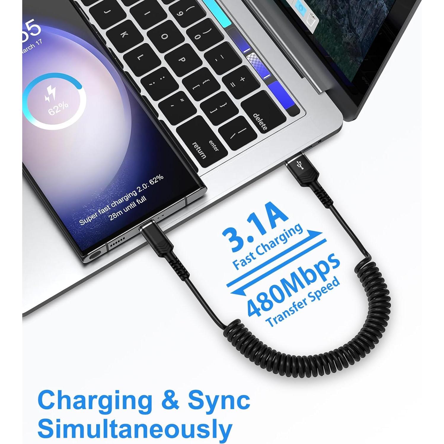 Cable USB C Enrollado VIFIGEN 0.91m Carga Rápida para iPhone y Samsung