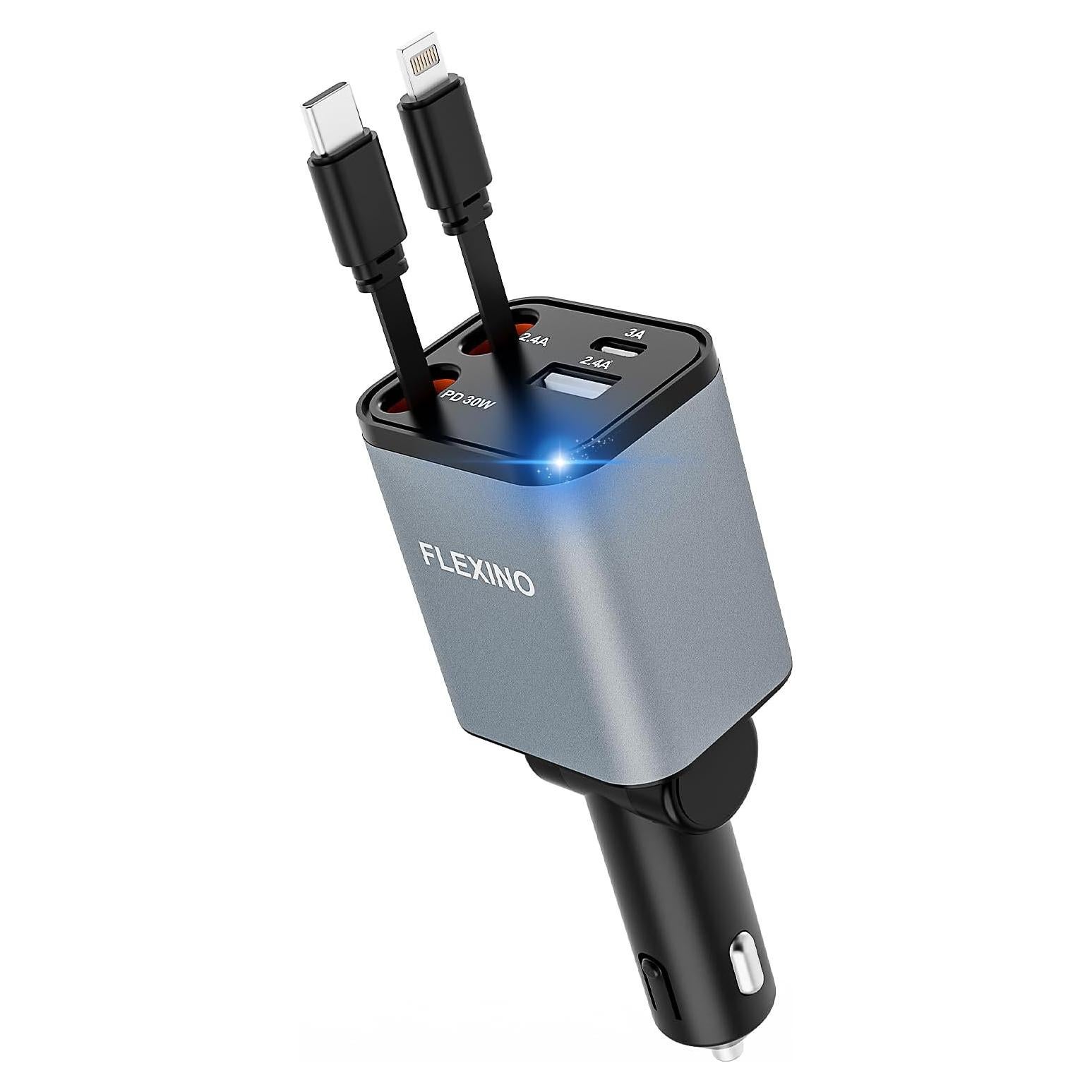 Cargador de coche Flexino 69W USB C con 2 cables retráctiles