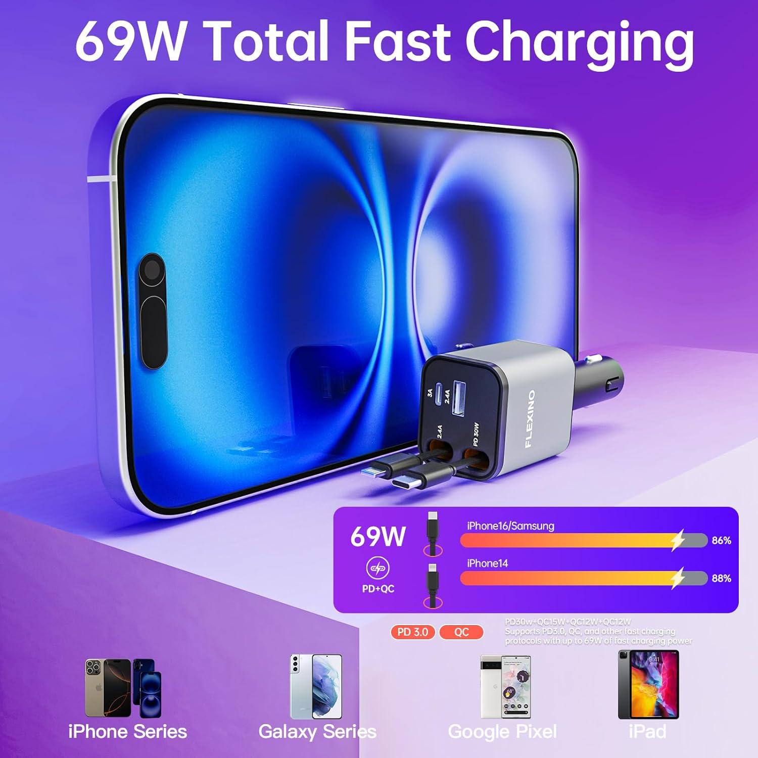 Cargador de coche Flexino 69W USB C con 2 cables retráctiles