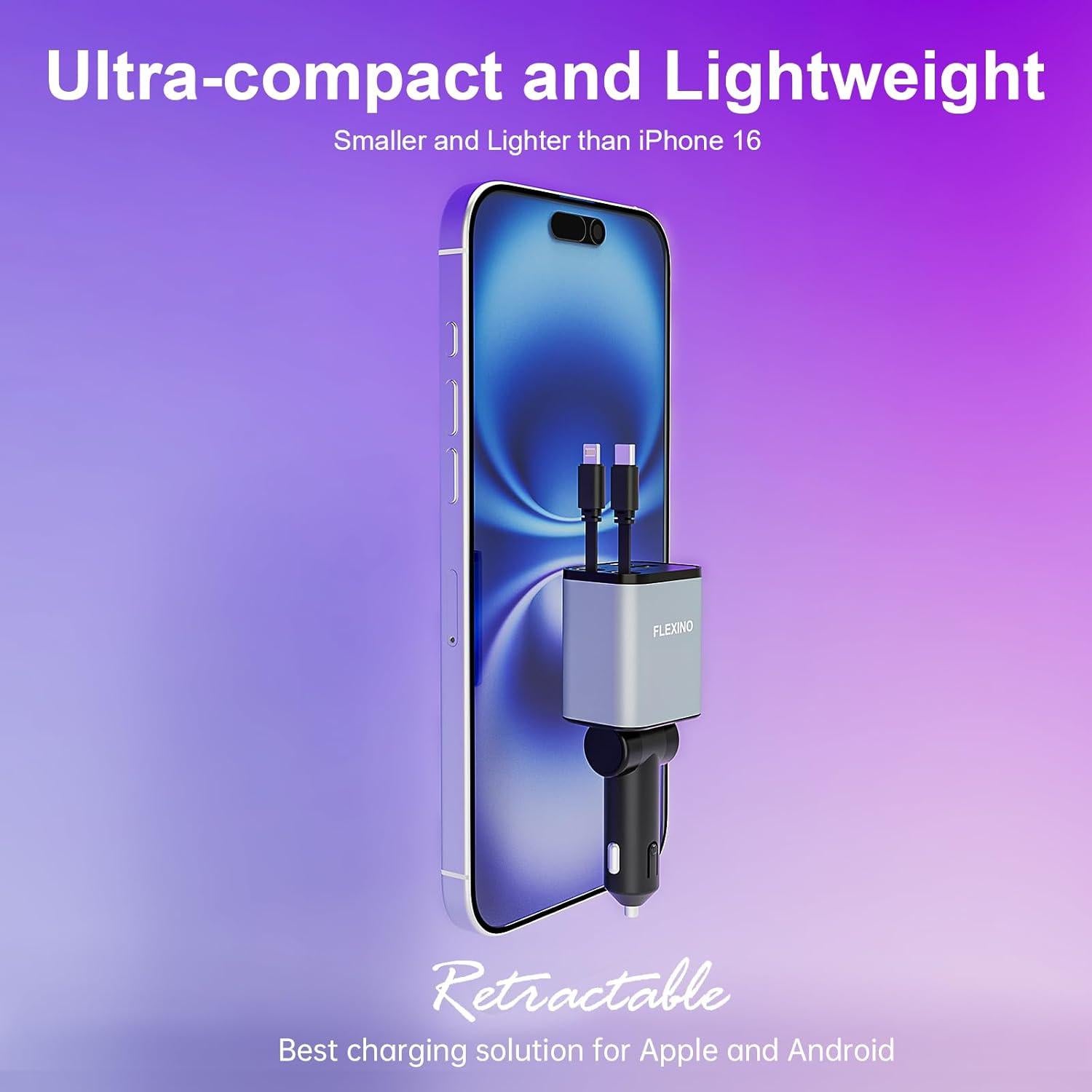 Cargador de coche Flexino 69W USB C con 2 cables retráctiles