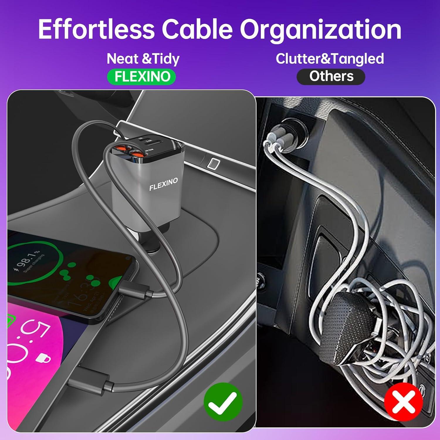 Cargador de coche Flexino 69W USB C con 2 cables retráctiles