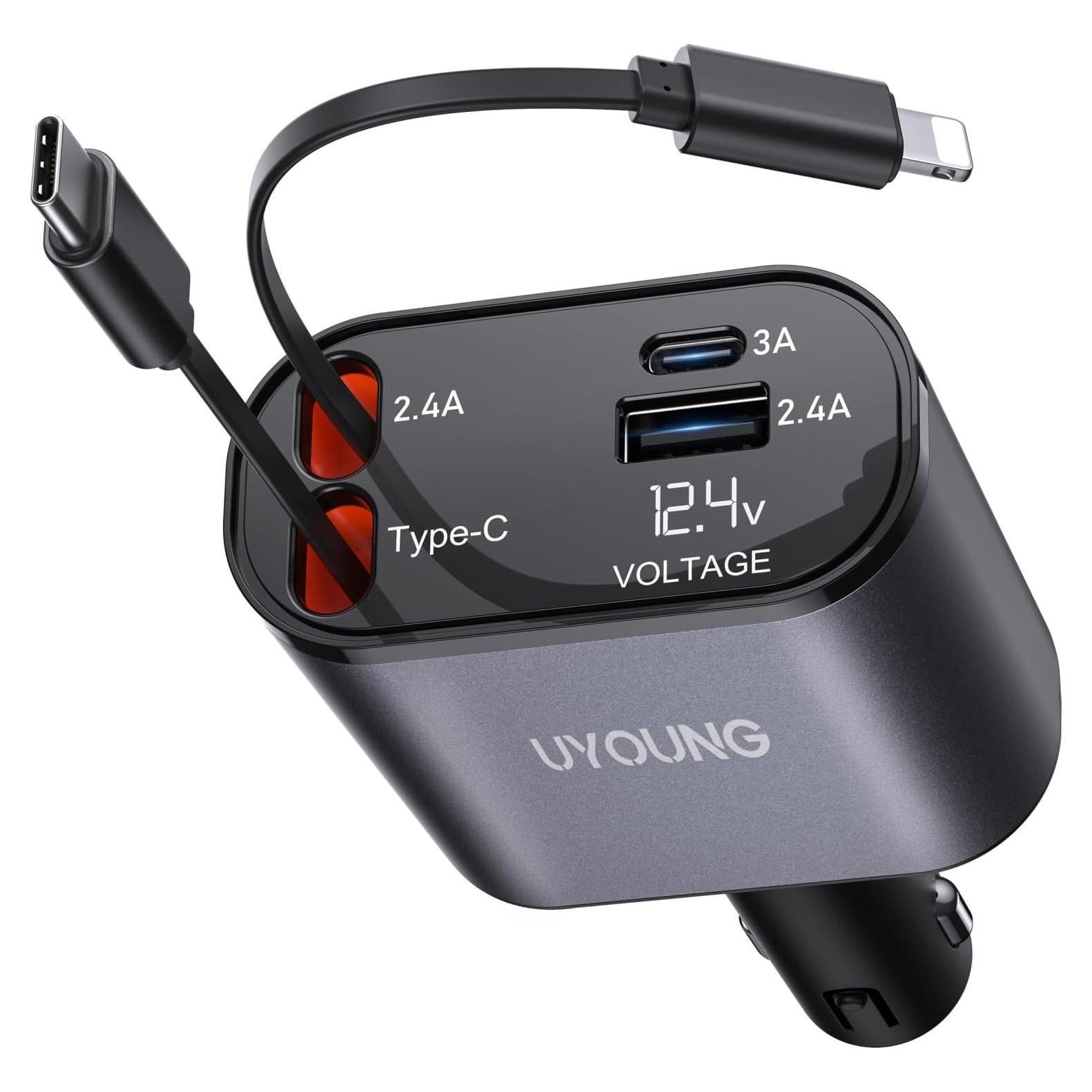 Cargador de Coche UYOUNG 100W 4 en 1 con Cables Retráctiles