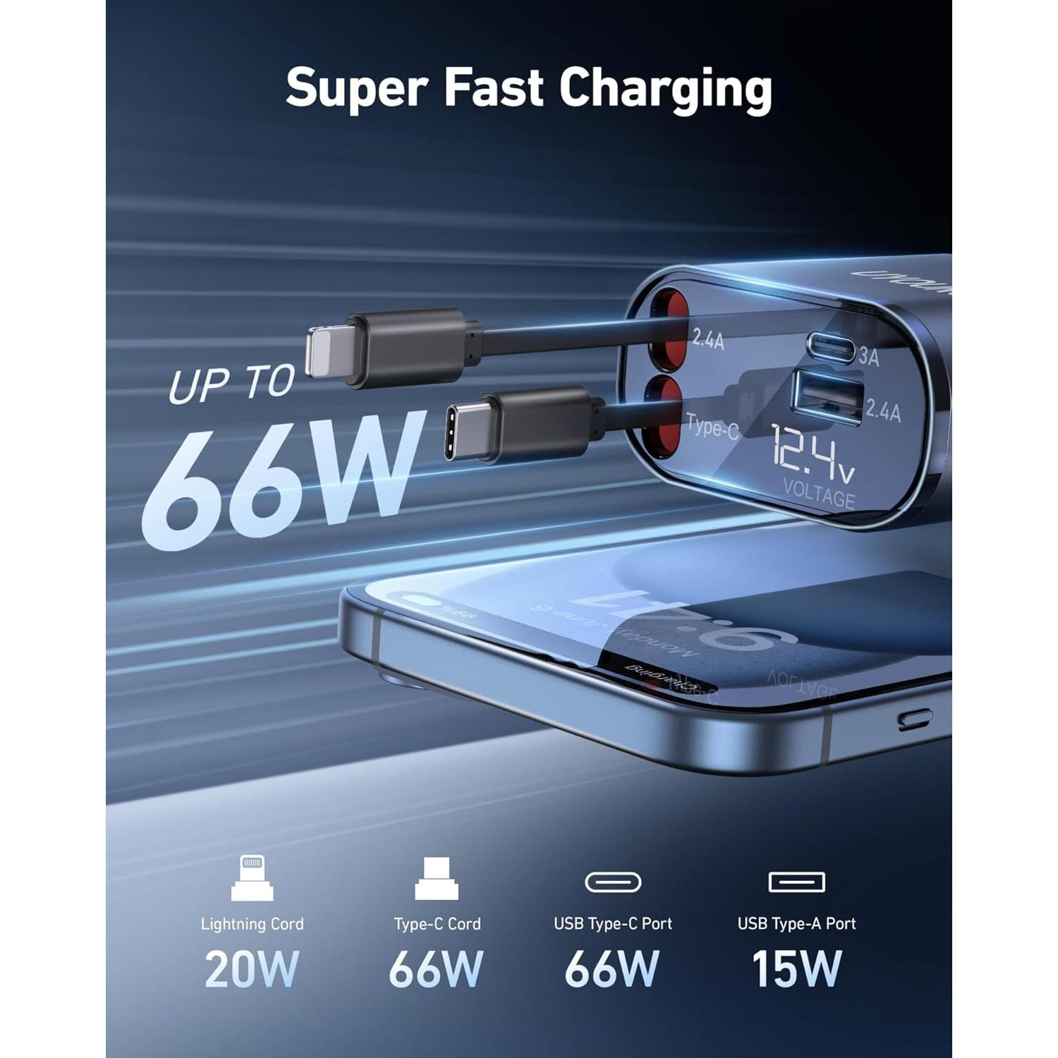 Cargador de Coche UYOUNG 100W 4 en 1 con Cables Retráctiles