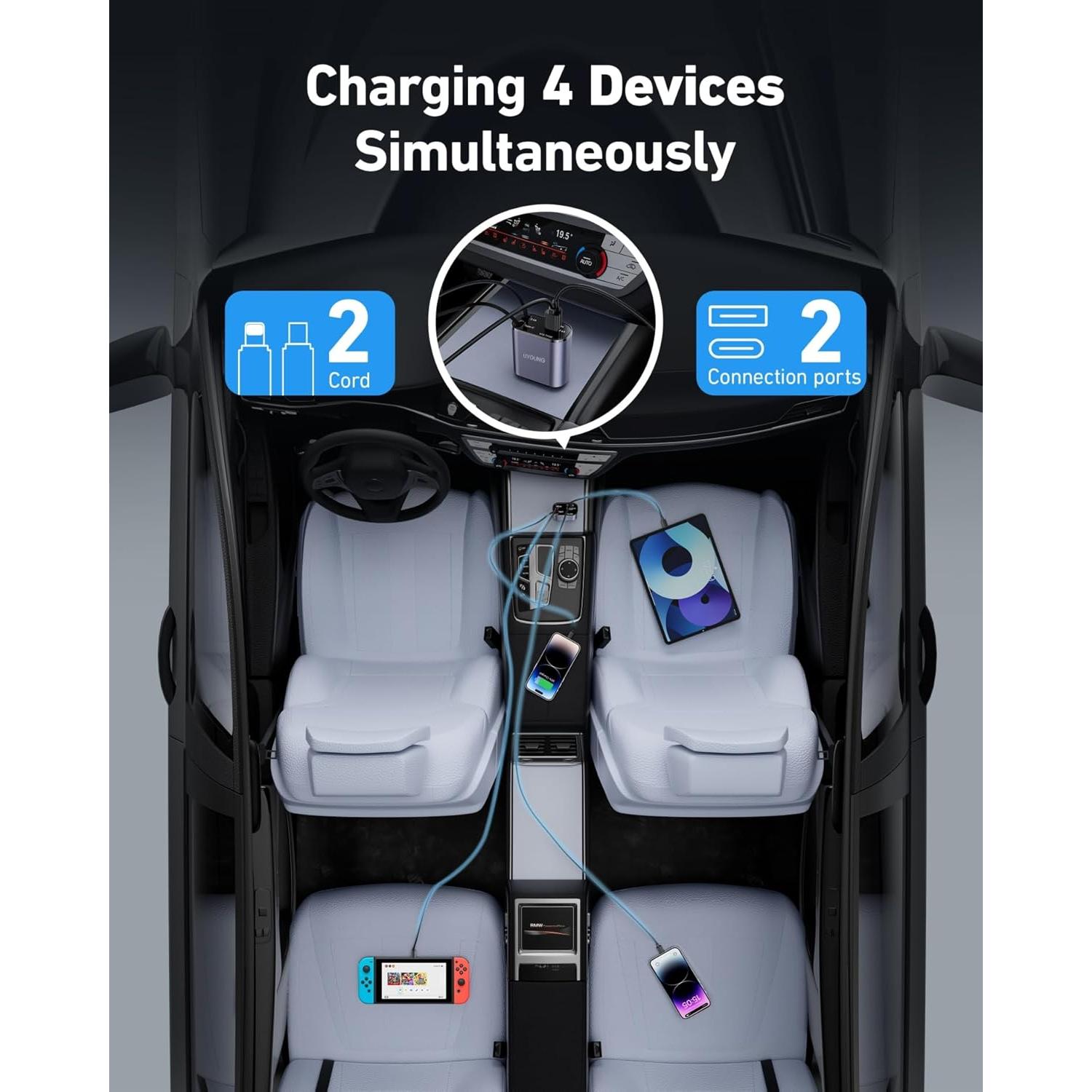 Cargador de Coche UYOUNG 100W 4 en 1 con Cables Retráctiles