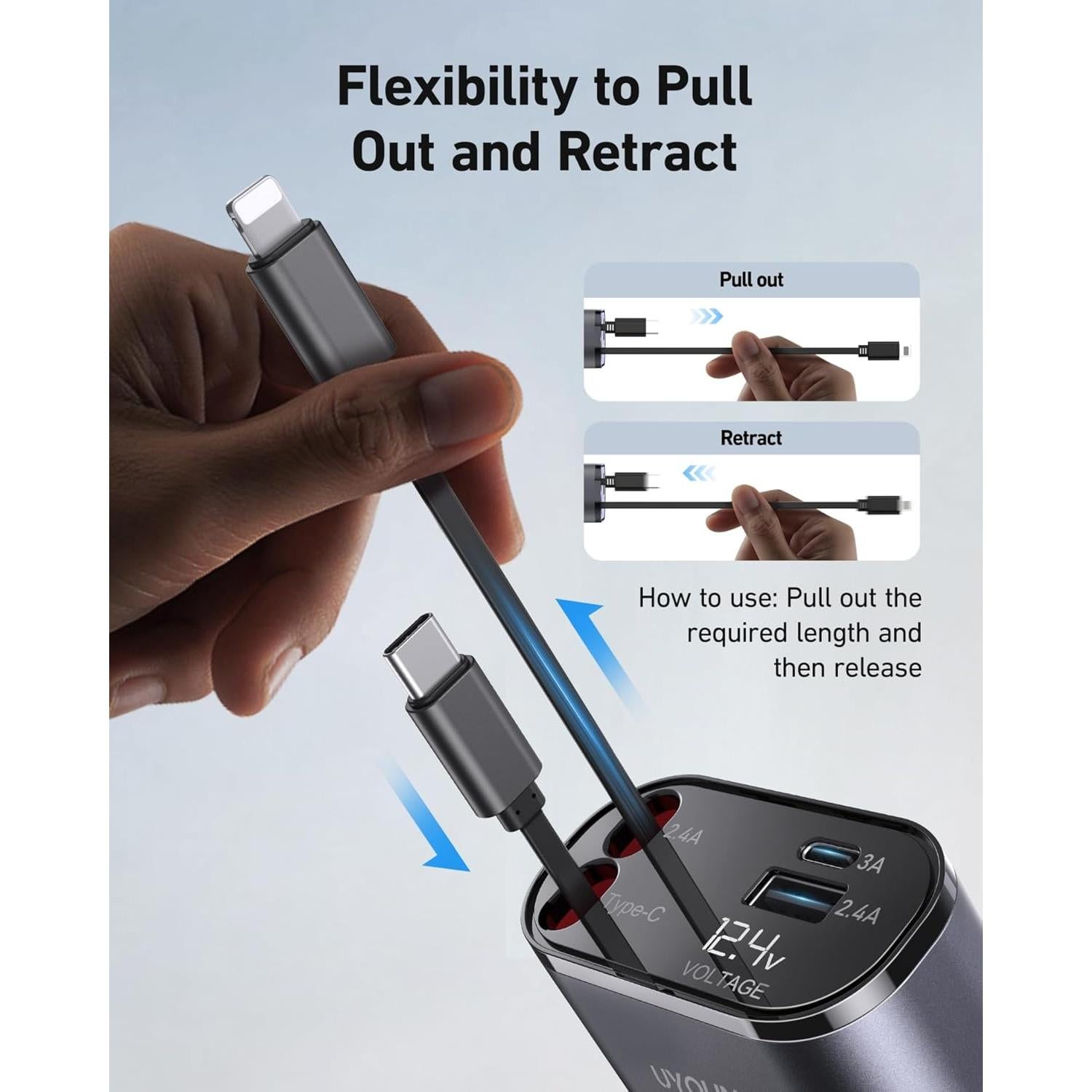 Cargador de Coche UYOUNG 100W 4 en 1 con Cables Retráctiles