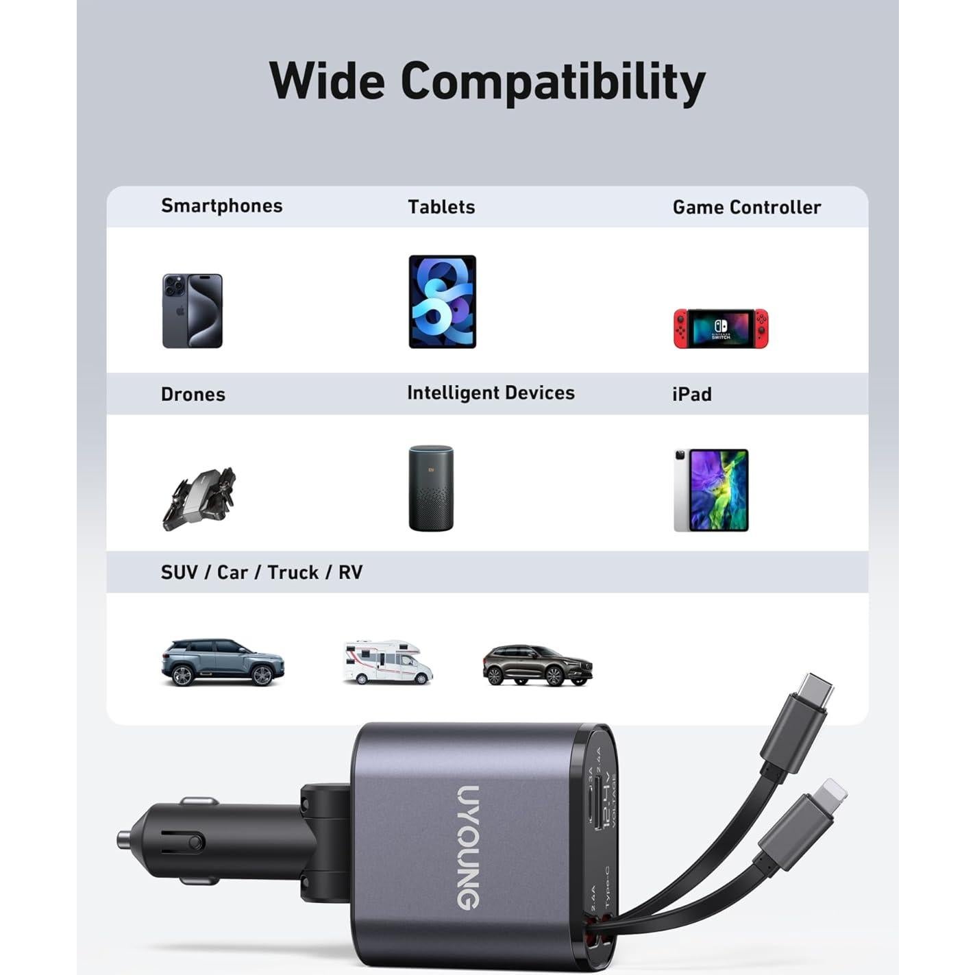 Cargador de Coche UYOUNG 100W 4 en 1 con Cables Retráctiles