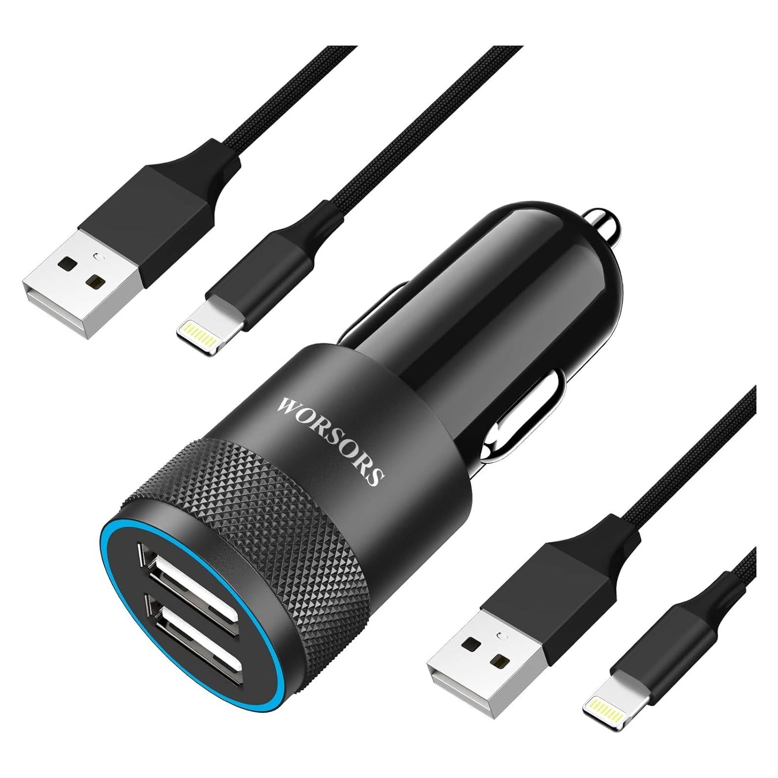 Cargador Rápido para Coche Worsors Dual USB 4.8A + 2 Cables MFi
