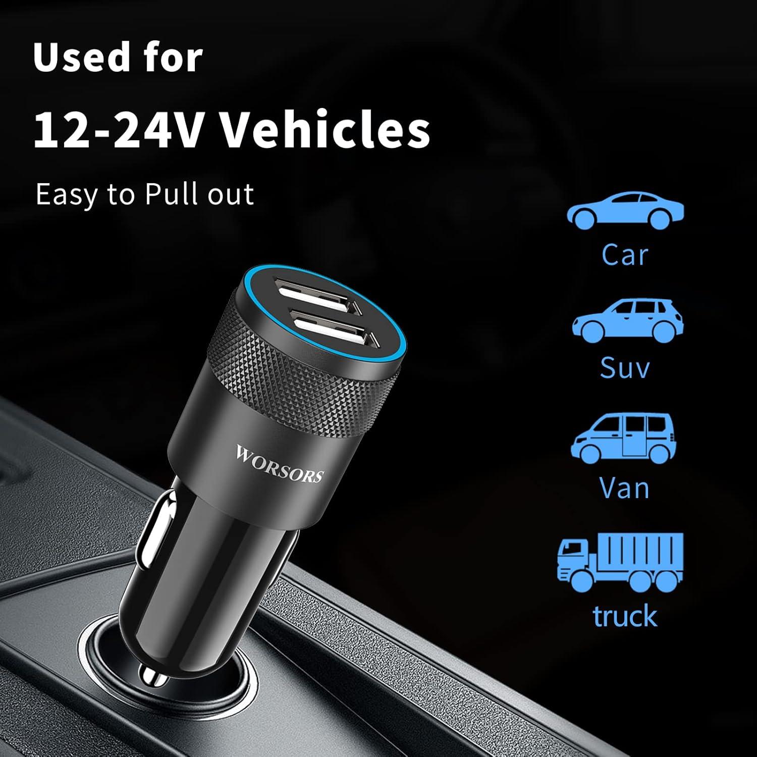 Cargador Rápido para Coche Worsors Dual USB 4.8A + 2 Cables MFi