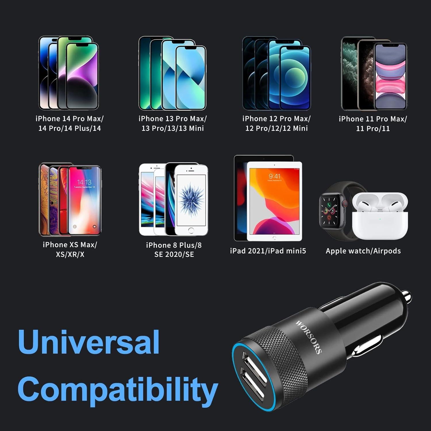 Cargador Rápido para Coche Worsors Dual USB 4.8A + 2 Cables MFi