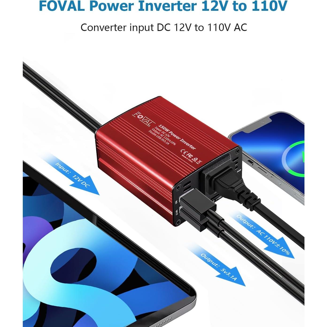 Inversor de Potencia FOVAL 150W 12V a 220V con 2 USB
