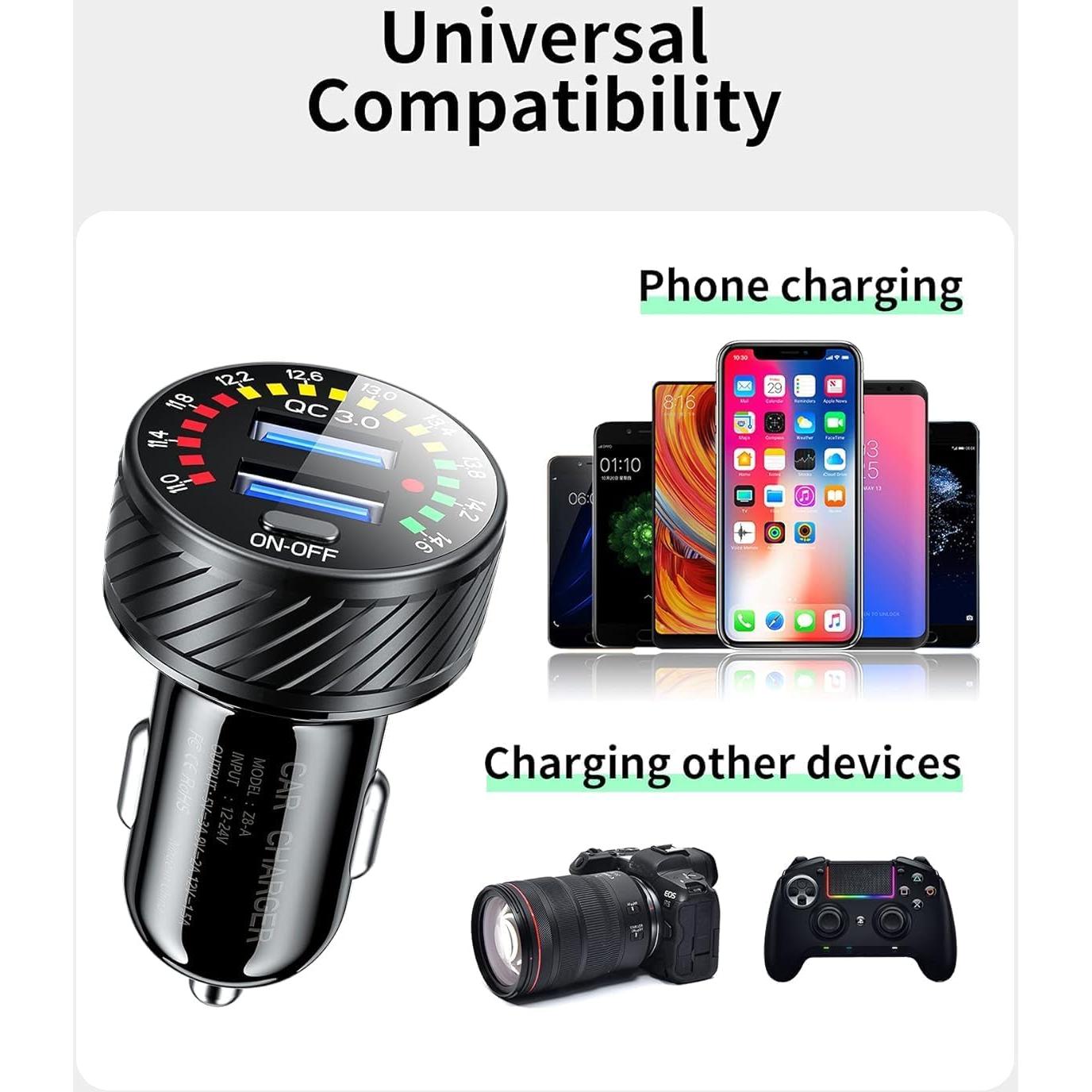 Cargador de Coche Kewig 36W USB Dual con Voltímetro y LED