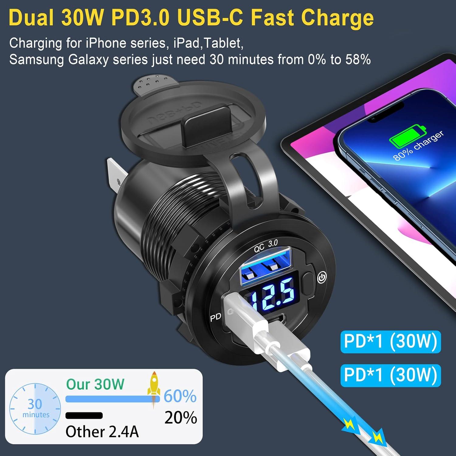 Cargador de Coche USB-C Doble 12V Ouffun 30W y 18W QC3.0