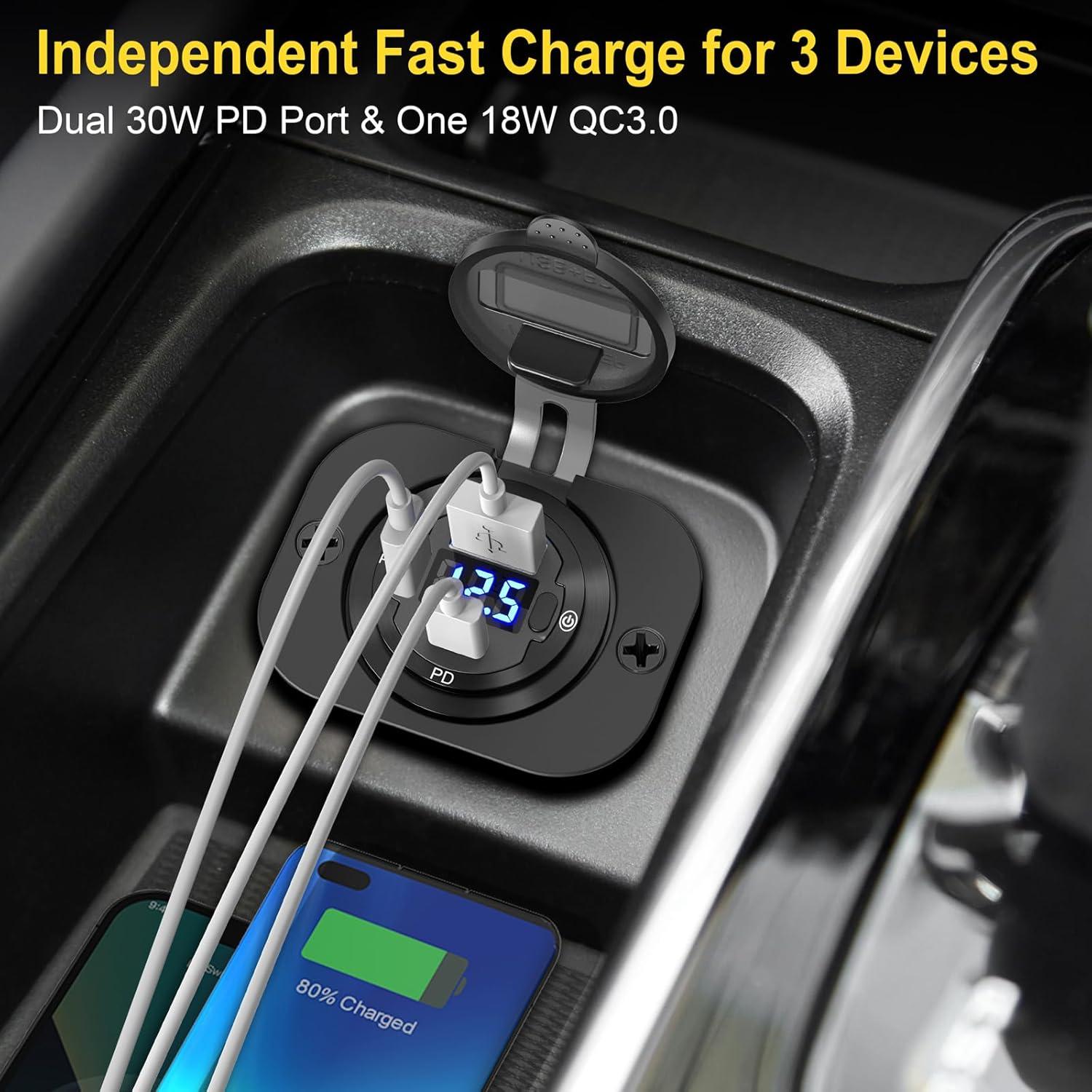 Cargador de Coche USB-C Doble 12V Ouffun 30W y 18W QC3.0