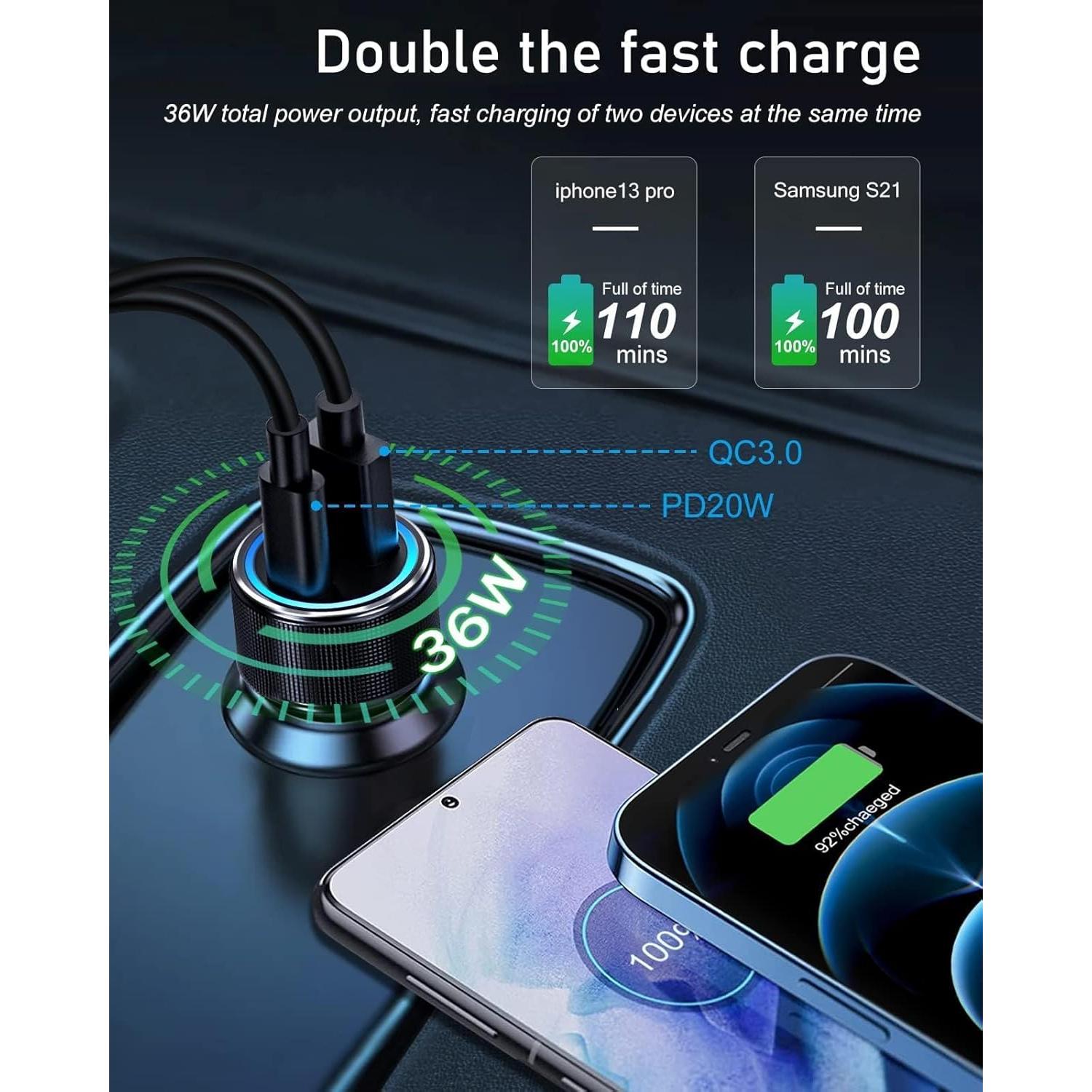 Cargador de coche USB C Eversame 38W 12V 2 paquetes carga rápida