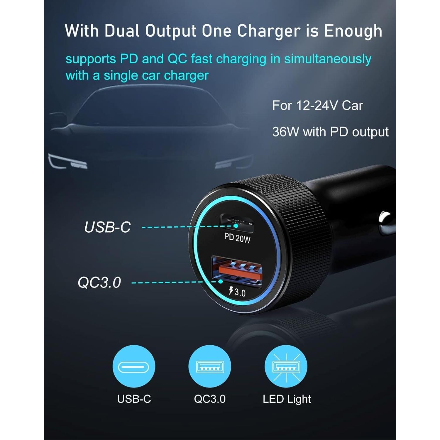 Cargador de coche USB C Eversame 38W 12V 2 paquetes carga rápida