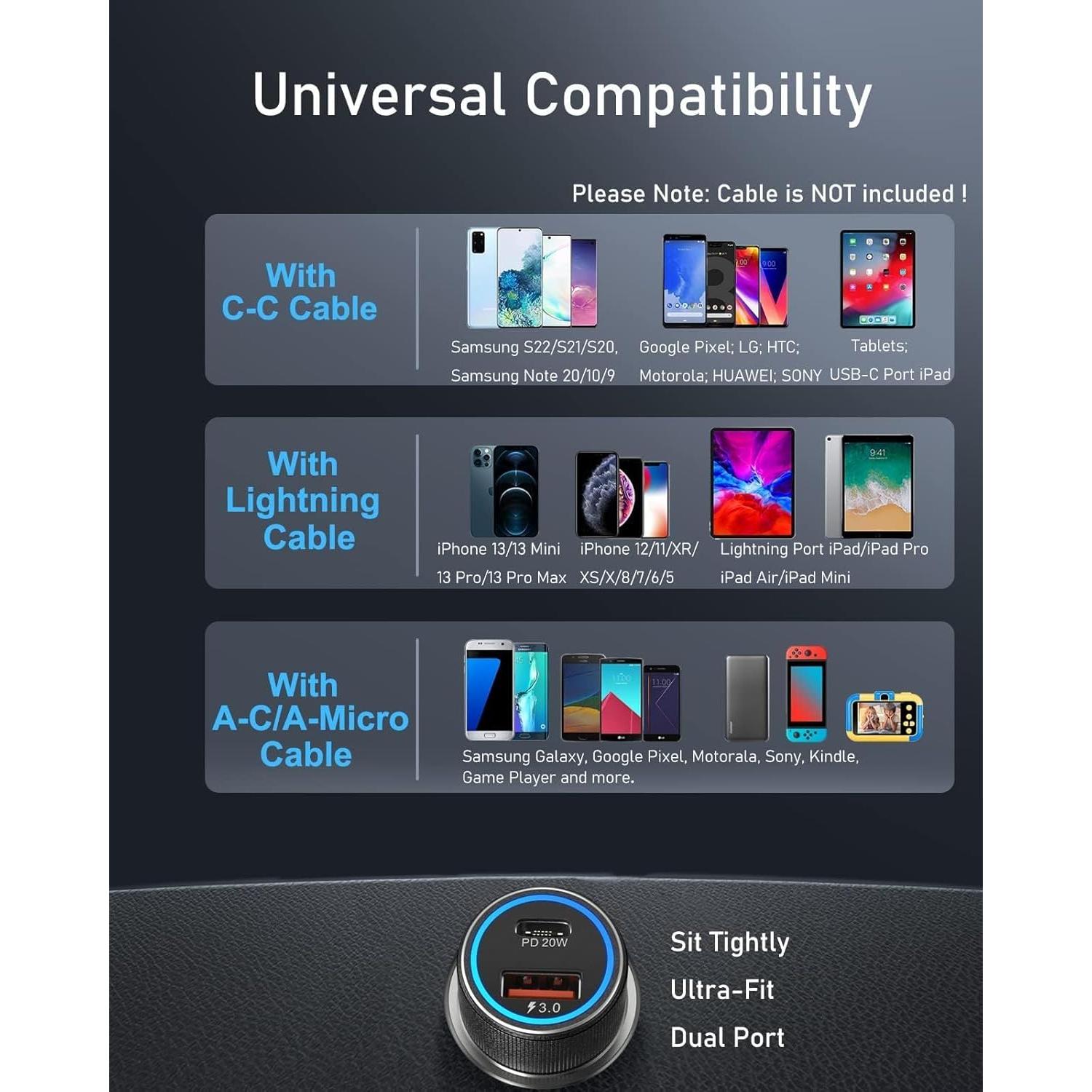 Cargador de coche USB C Eversame 38W 12V 2 paquetes carga rápida