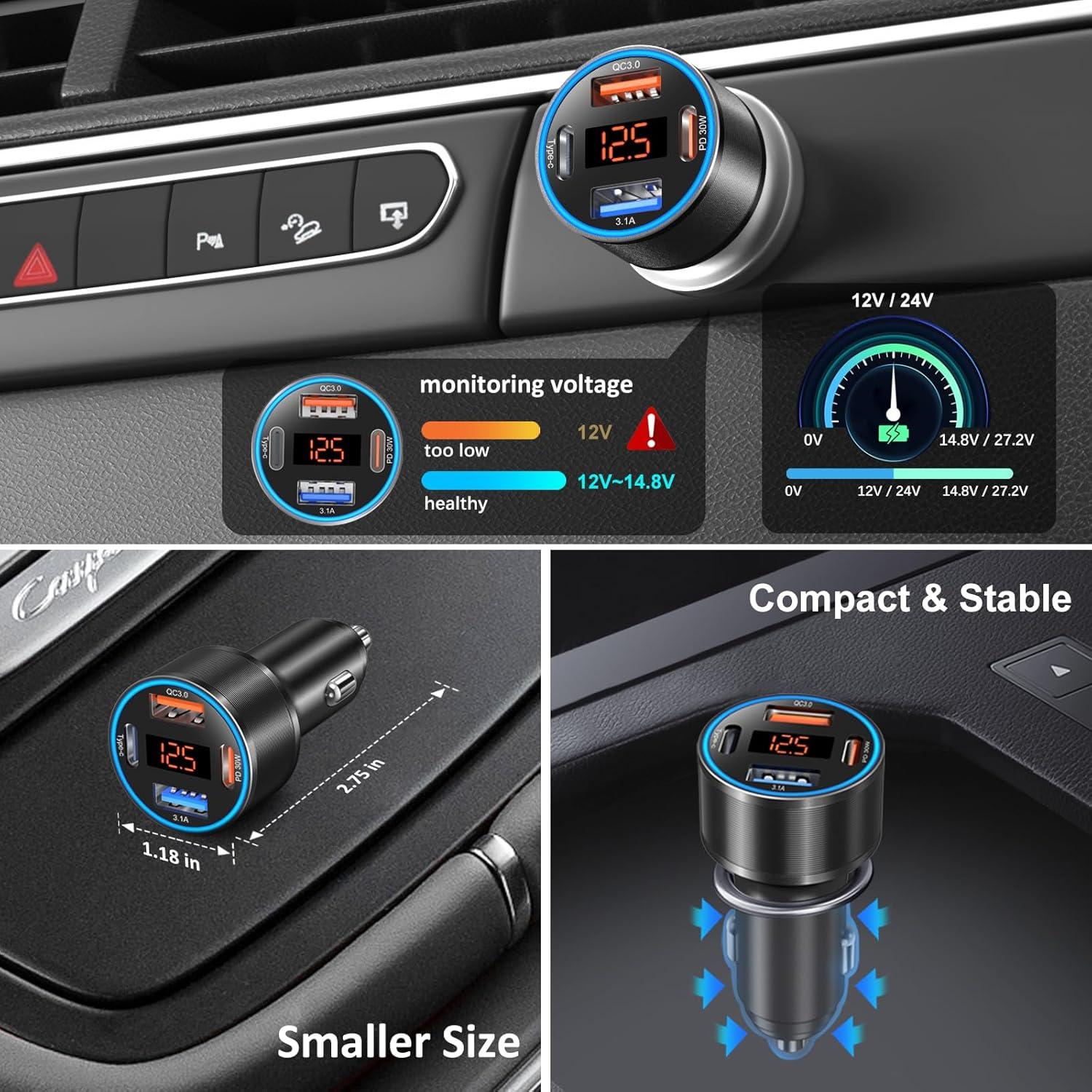 Cargador de coche USB-C 65W Bangfun 4 puertos con voltímetro