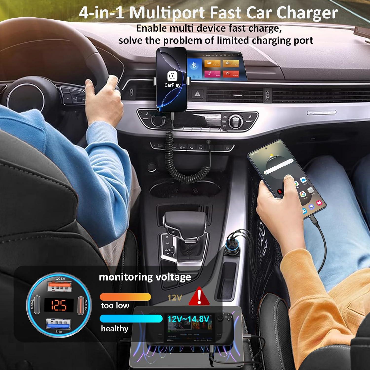 Cargador de coche USB-C 65W Bangfun 4 puertos con voltímetro