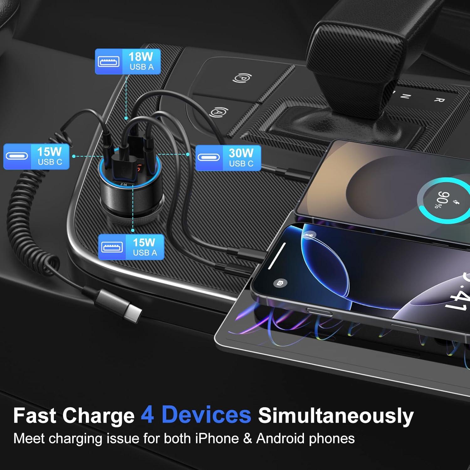 Cargador de coche USB-C 65W Bangfun 4 puertos con voltímetro