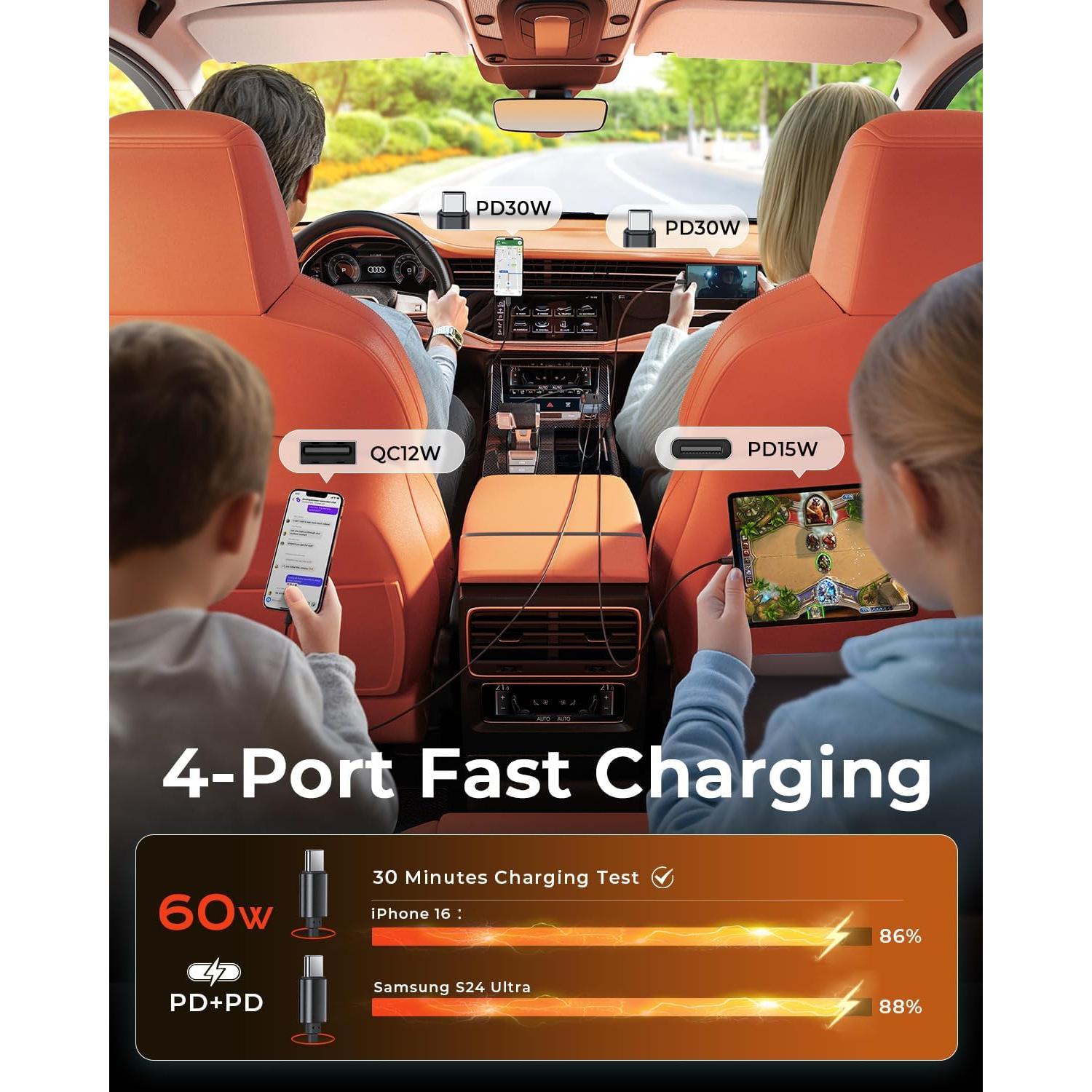 Cargador de Coche Retráctil MRGLAS 69W 4 en 1 USB-C