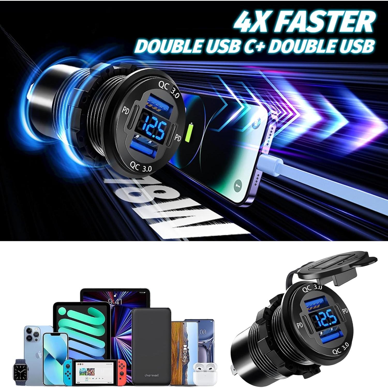 Cargador USB 12V HCGZHEN 4 Puertos con Voltímetro LED