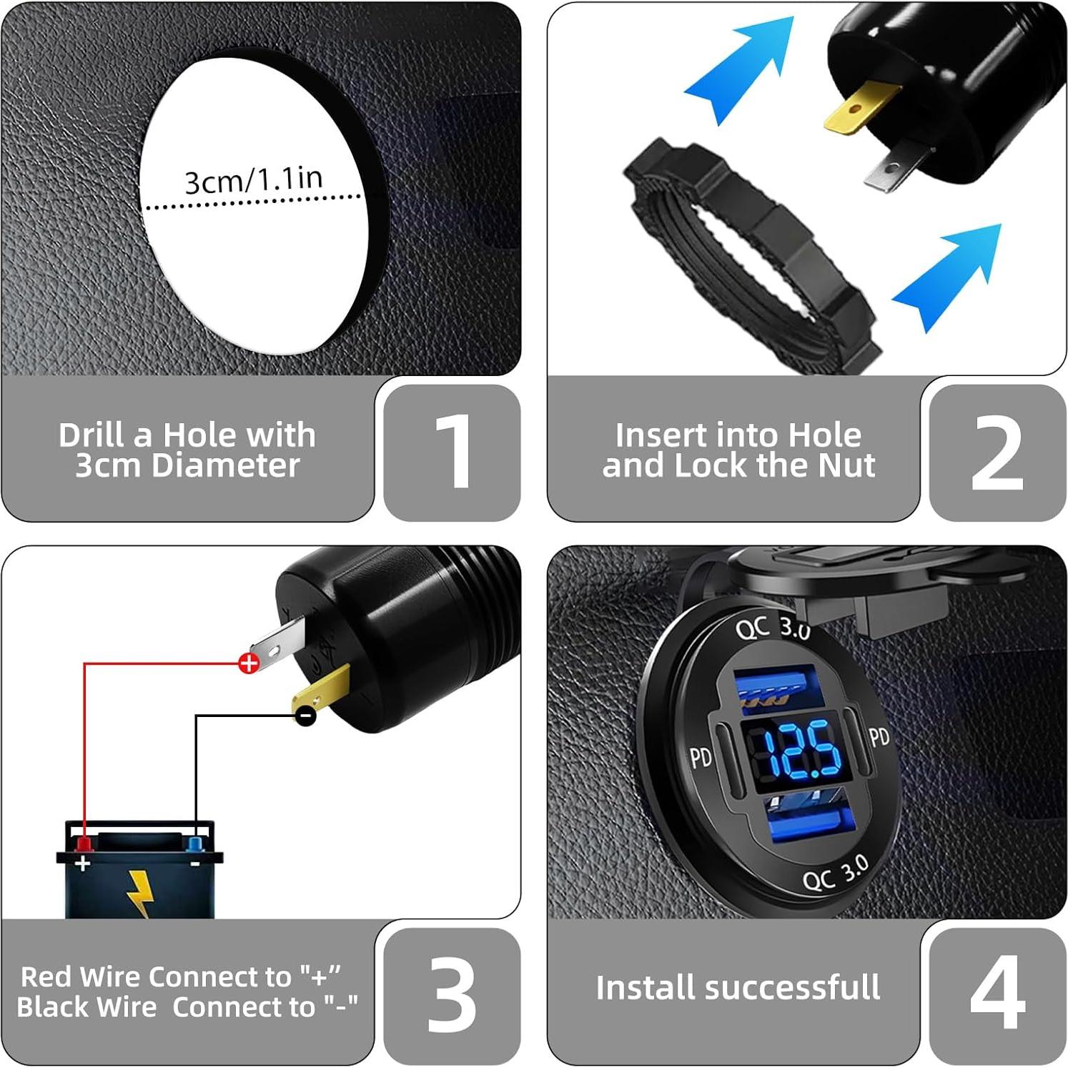 Cargador USB 12V HCGZHEN 4 Puertos con Voltímetro LED