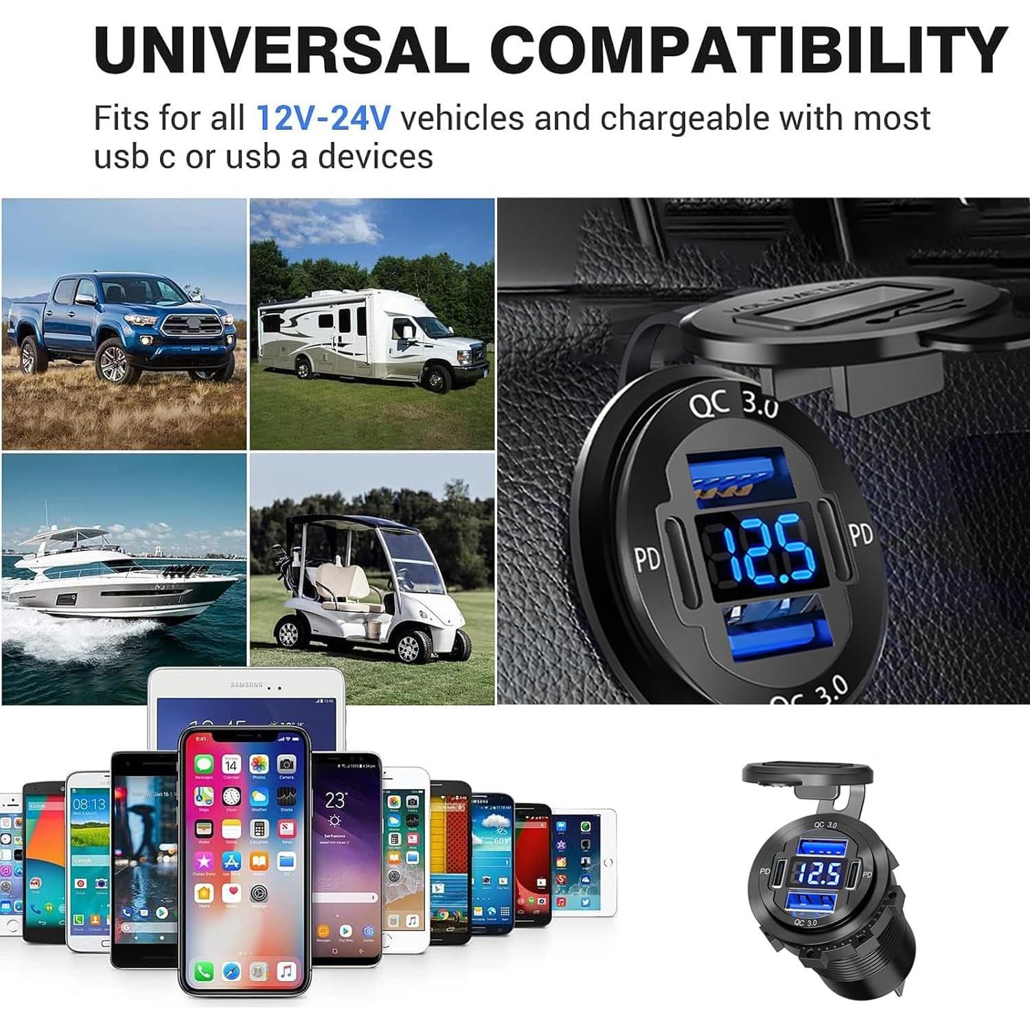 Cargador USB 12V HCGZHEN 4 Puertos con Voltímetro LED