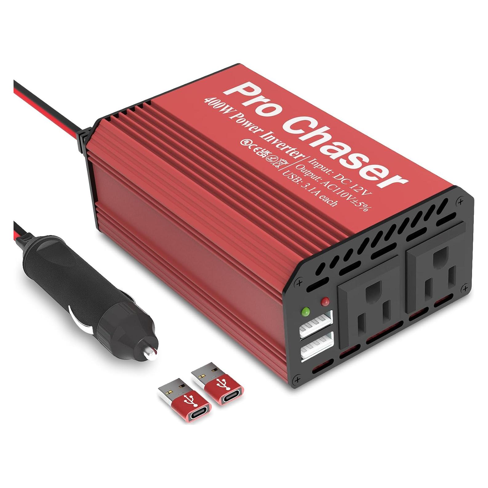 Inversor de Potencia Pro Chaser 400W 12V DC a 220V AC Rojo