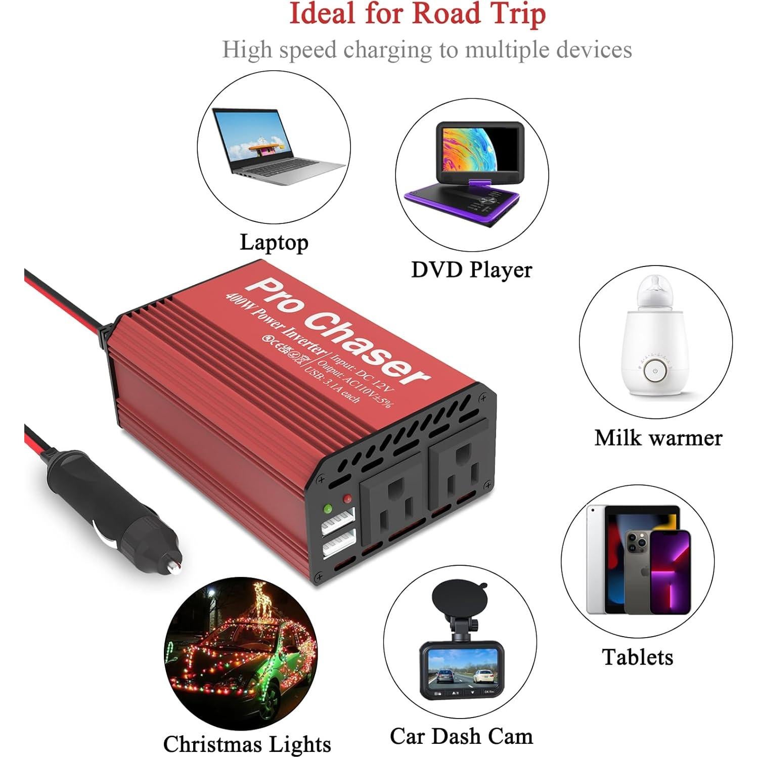 Inversor de Potencia Pro Chaser 400W 12V DC a 220V AC Rojo