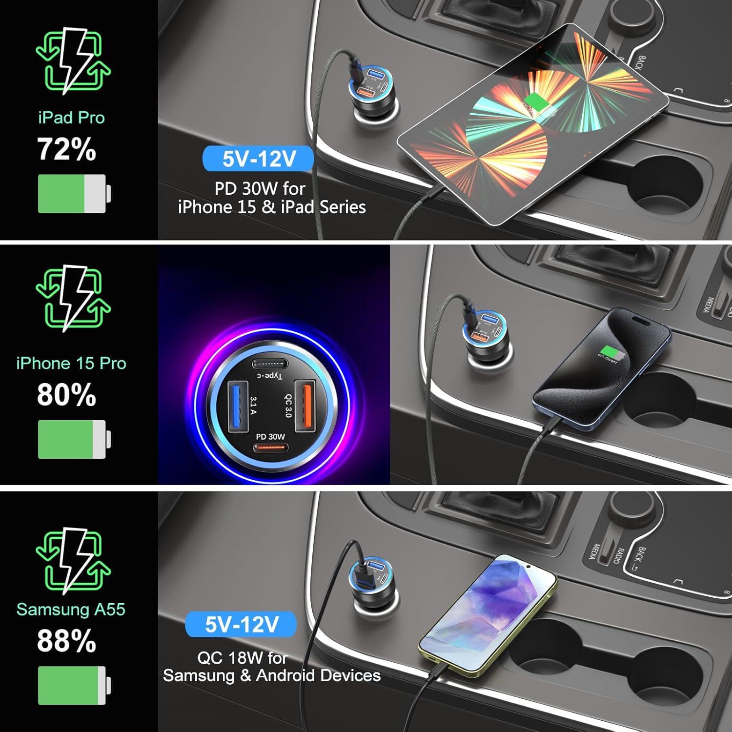 Cargador de coche USB C 65W Bangfun 4 puertos QC/PD 12V