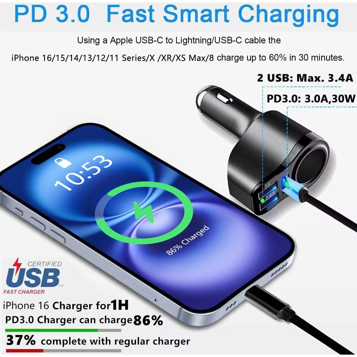 Cargador de Coche USB C 4 en 1 PD3.0 168W para iPhone