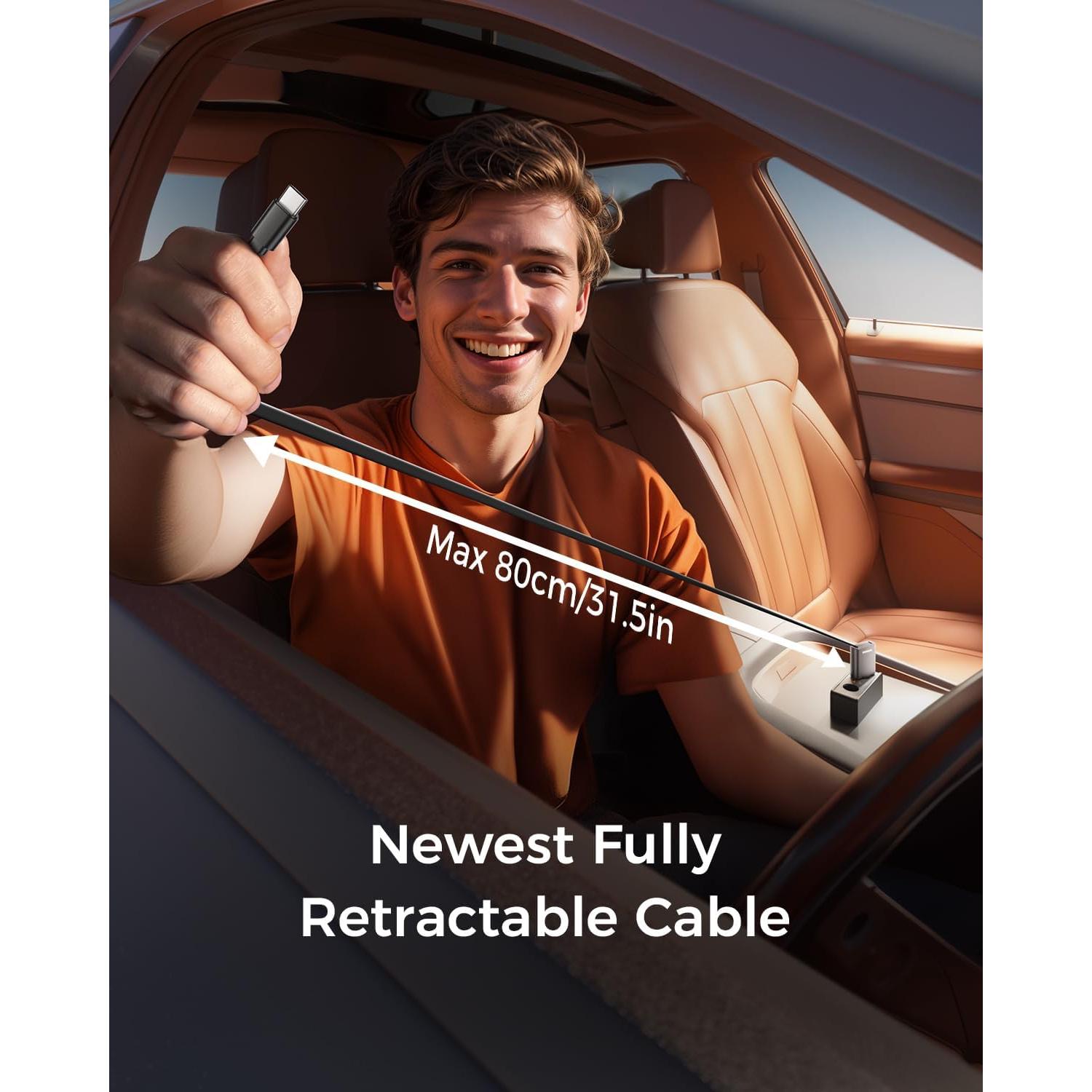 Cargador de Coche USB C Retráctil 45W SUPERONE para iPhone y Samsung