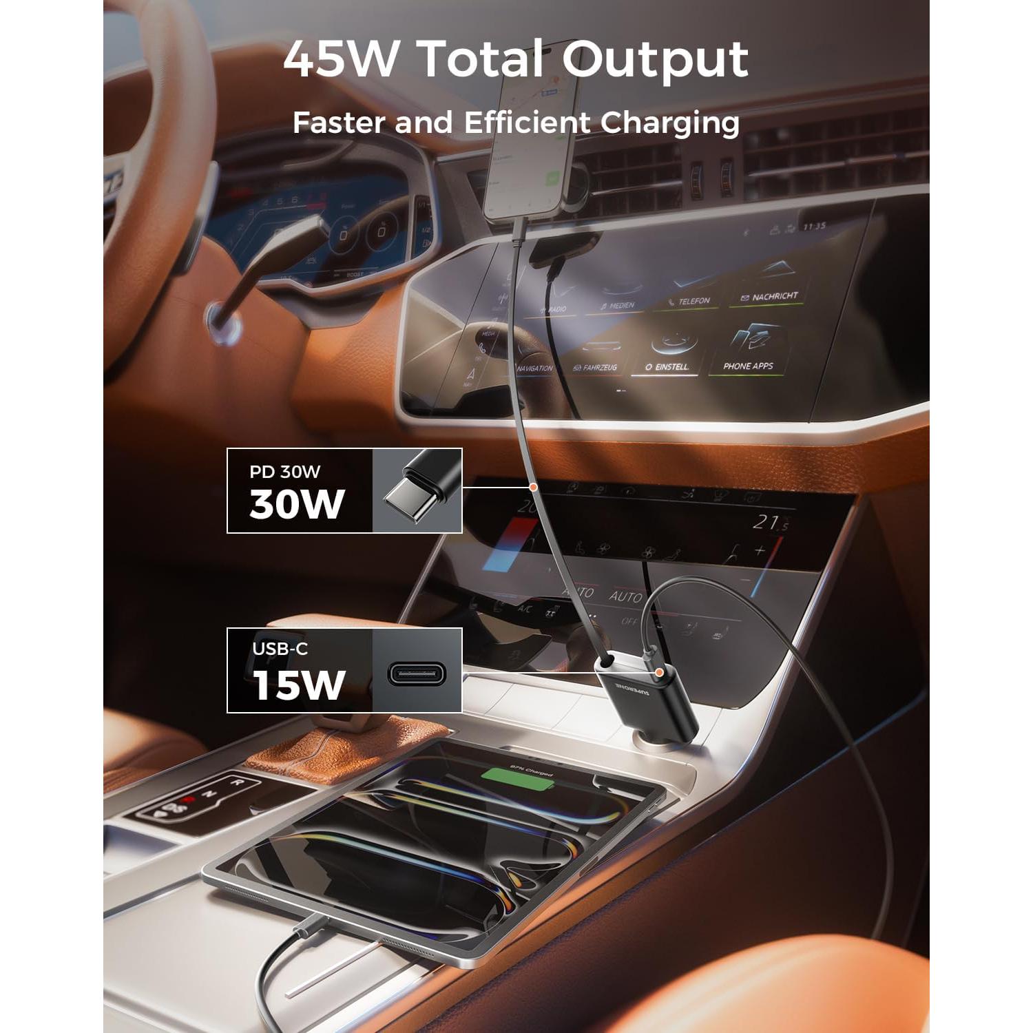 Cargador de Coche USB C Retráctil 45W SUPERONE para iPhone y Samsung