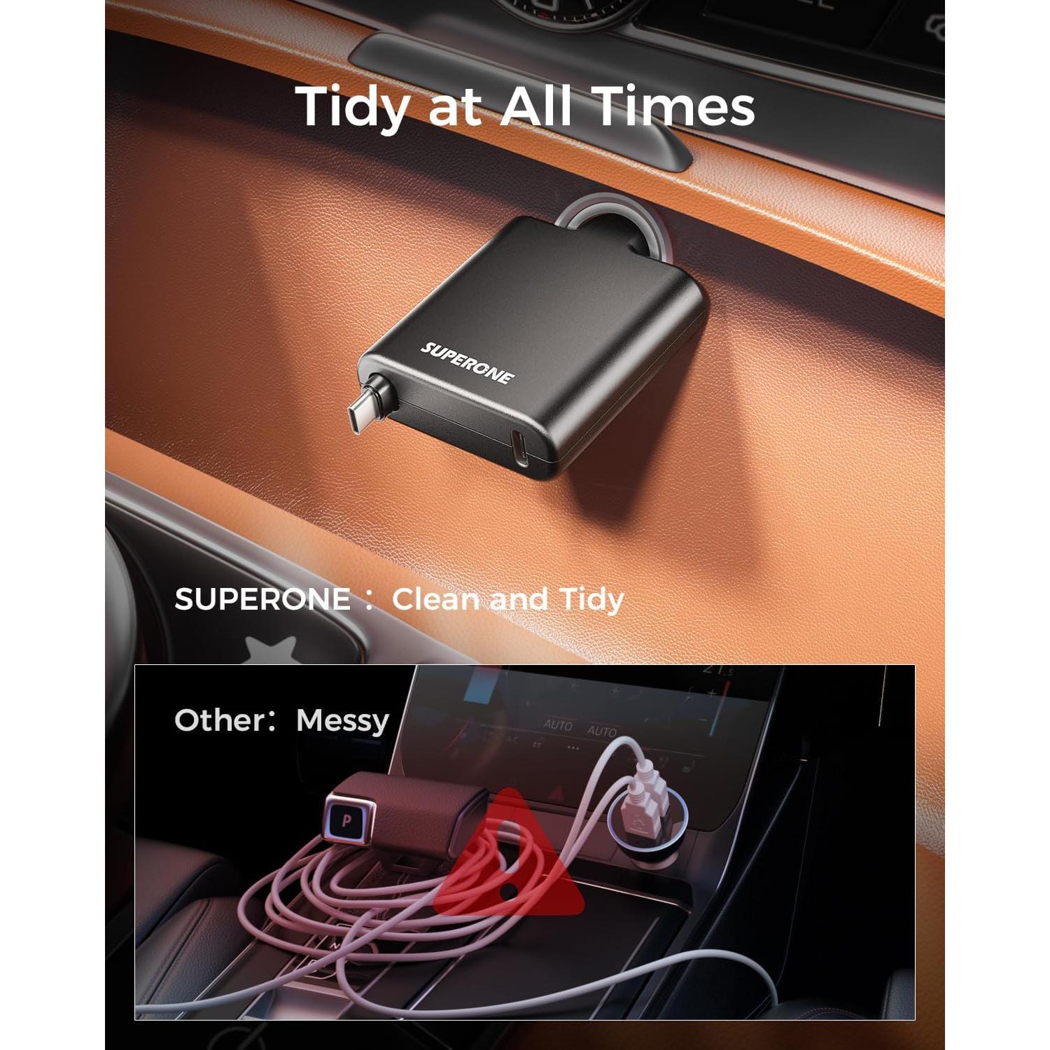 Cargador de Coche USB C Retráctil 45W SUPERONE para iPhone y Samsung