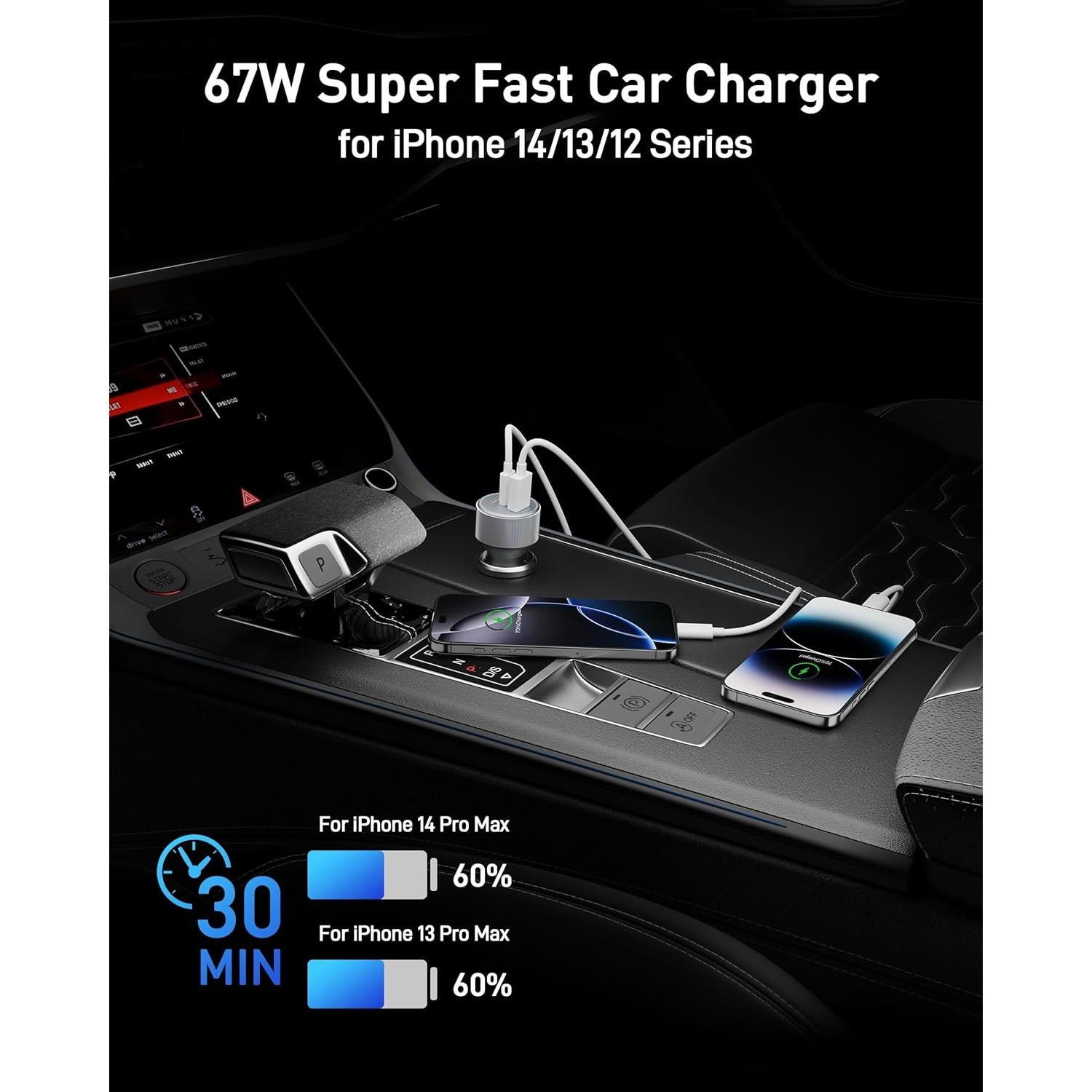 Cargador Rápido para Auto Heyuan 67W 3 Puertos USB-C iPhone