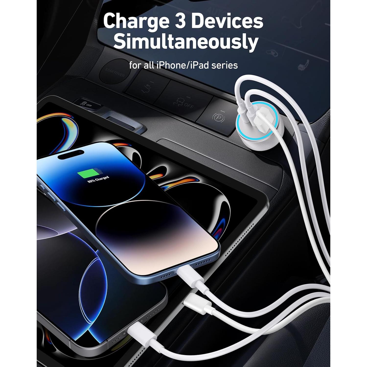 Cargador Rápido para Auto Heyuan 67W 3 Puertos USB-C iPhone