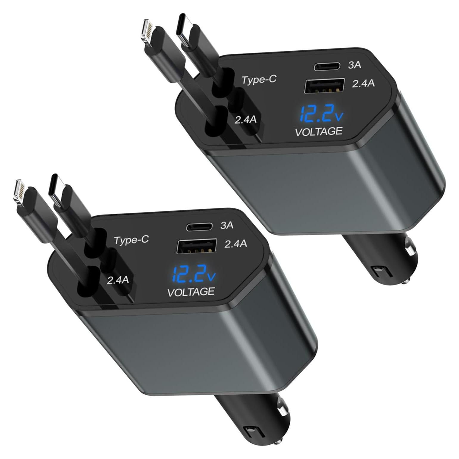 Cargador de coche retráctil 66W 4 en 1 con cables USB-C y Lightning