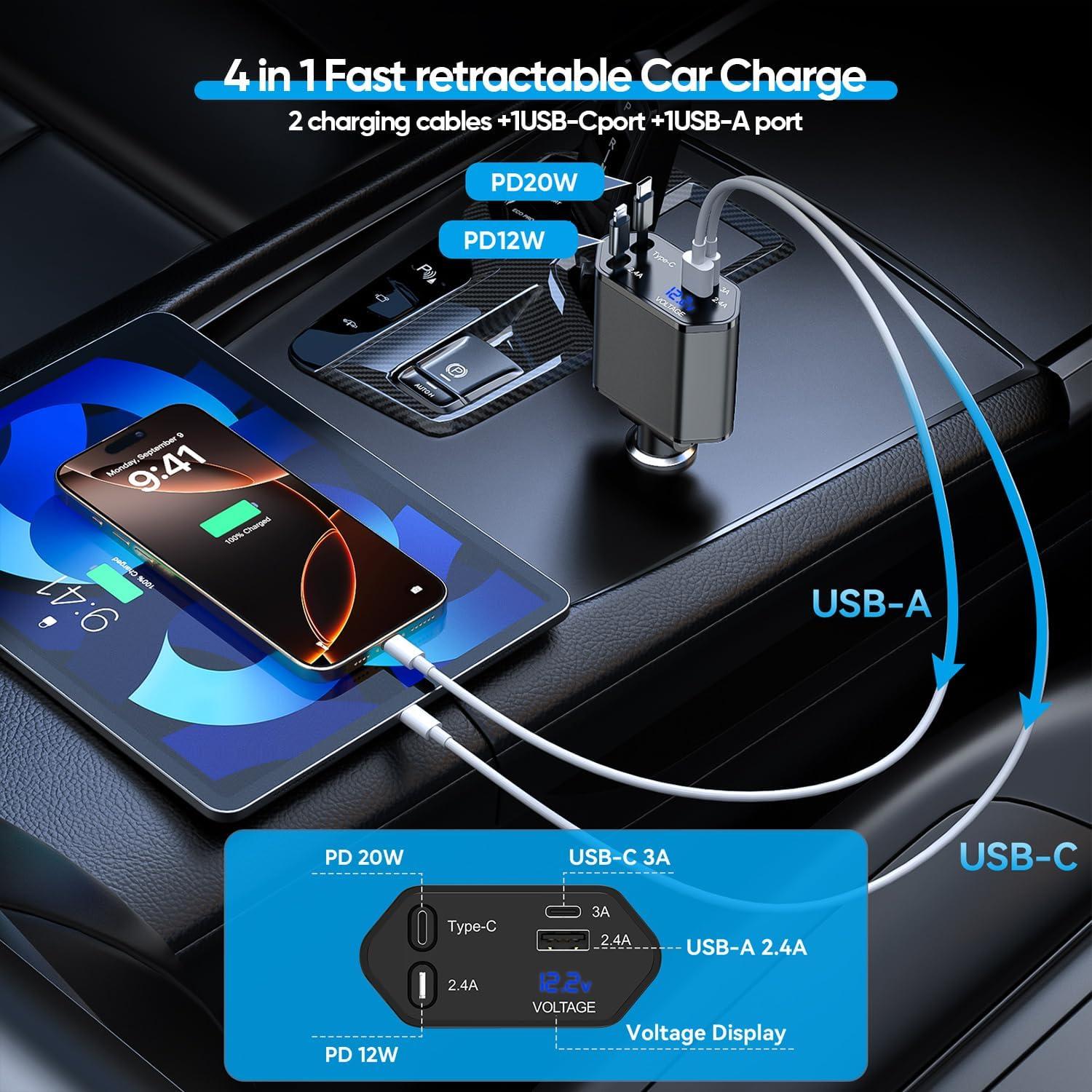 Cargador de coche retráctil 66W 4 en 1 con cables USB-C y Lightning