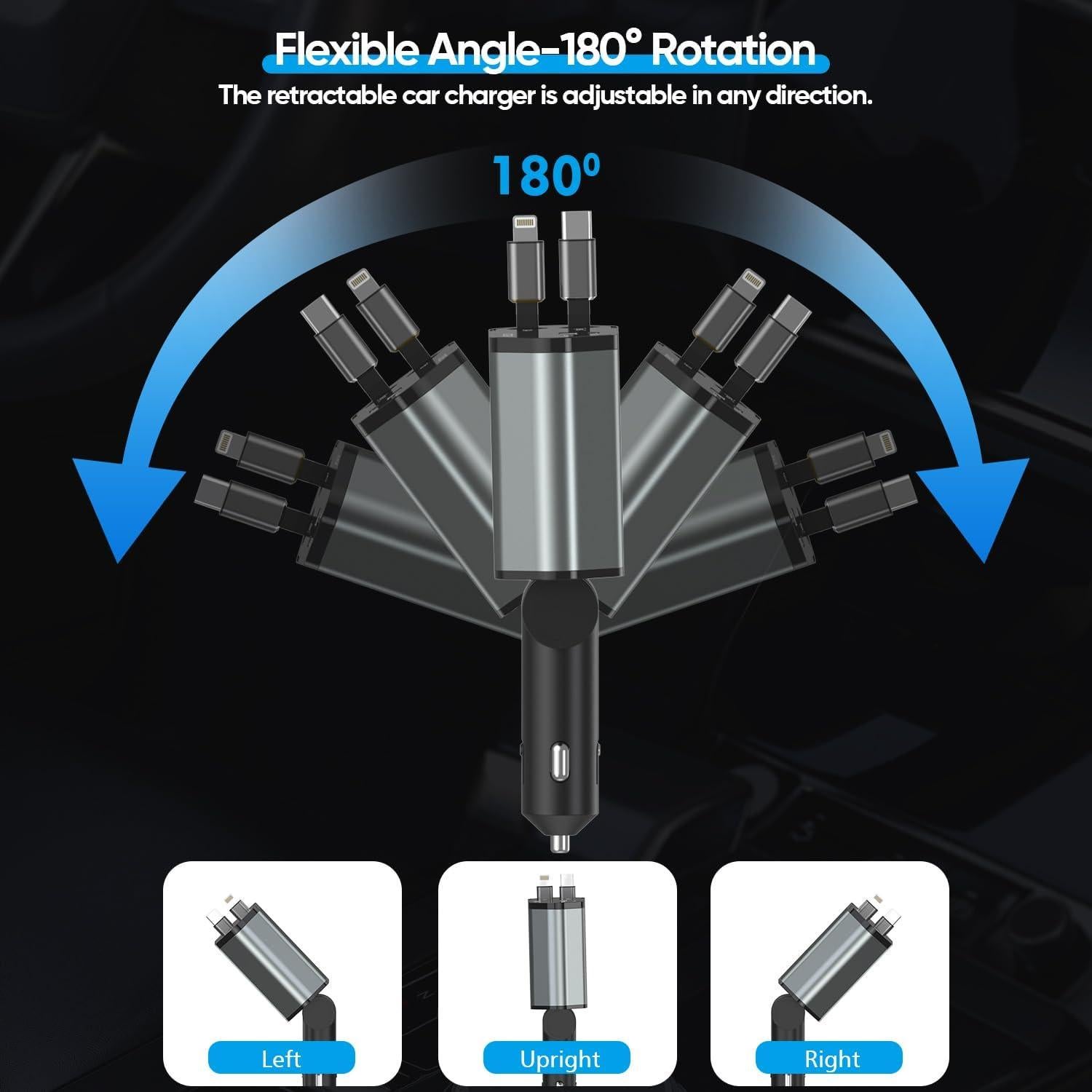 Cargador de coche retráctil 66W 4 en 1 con cables USB-C y Lightning