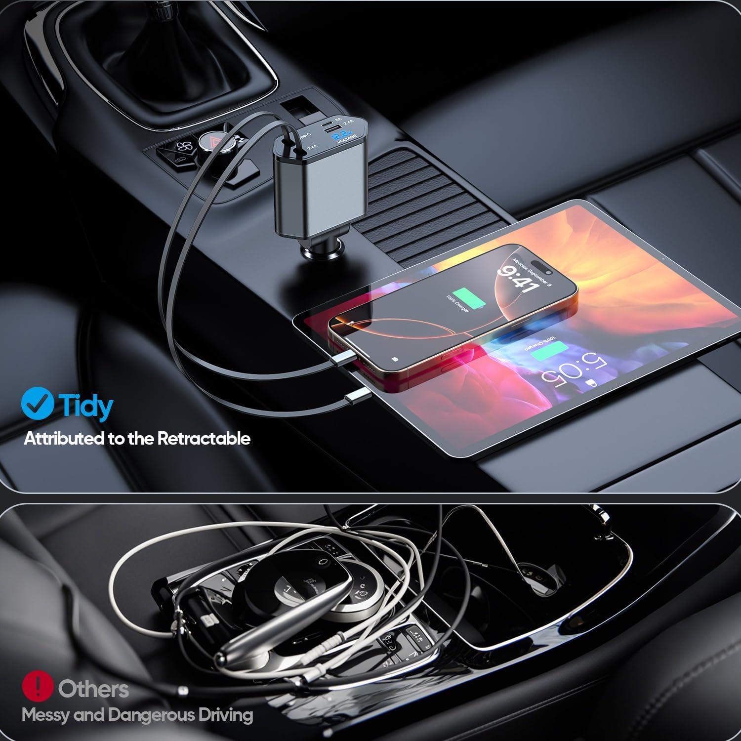 Cargador de coche retráctil 66W 4 en 1 con cables USB-C y Lightning