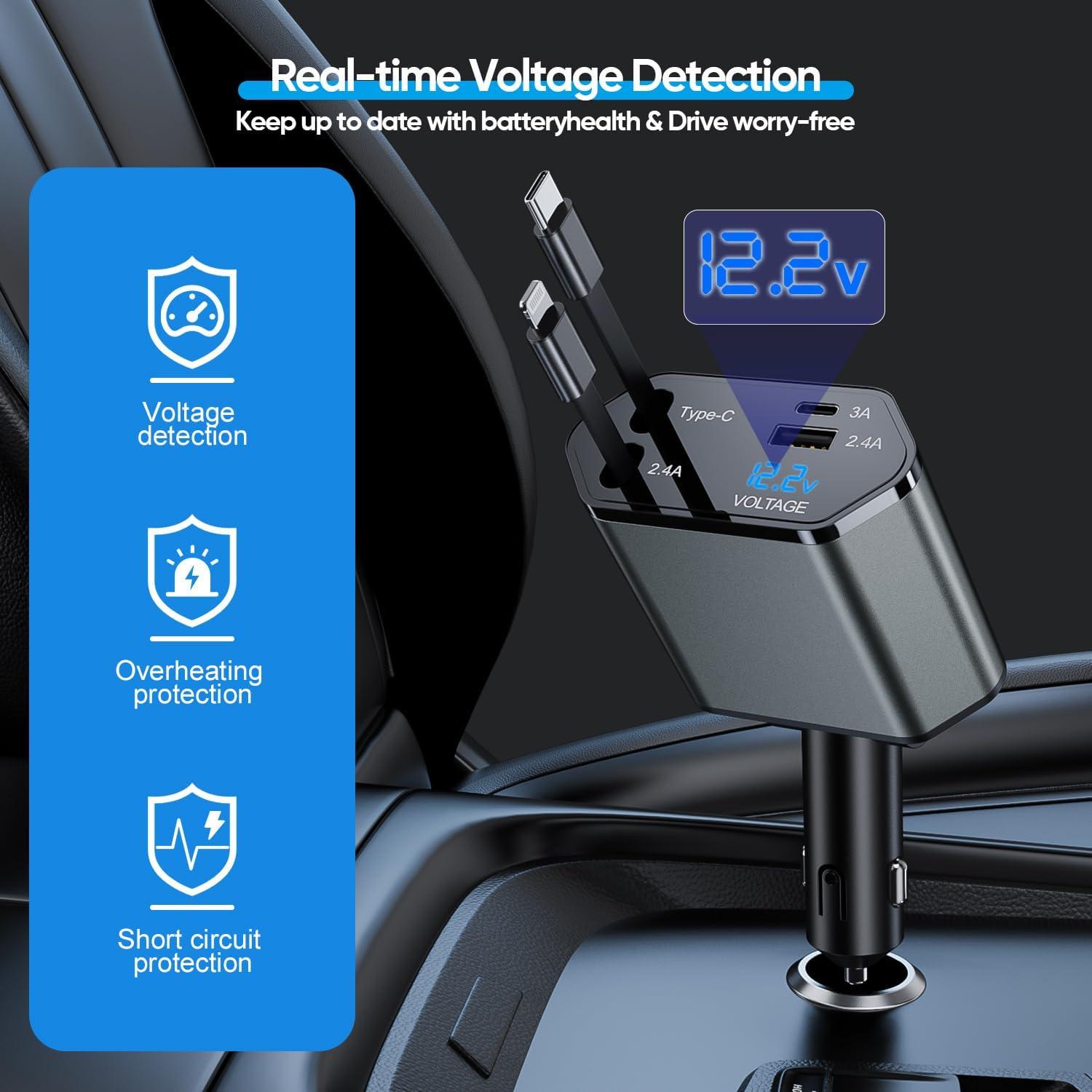 Cargador de coche retráctil 66W 4 en 1 con cables USB-C y Lightning