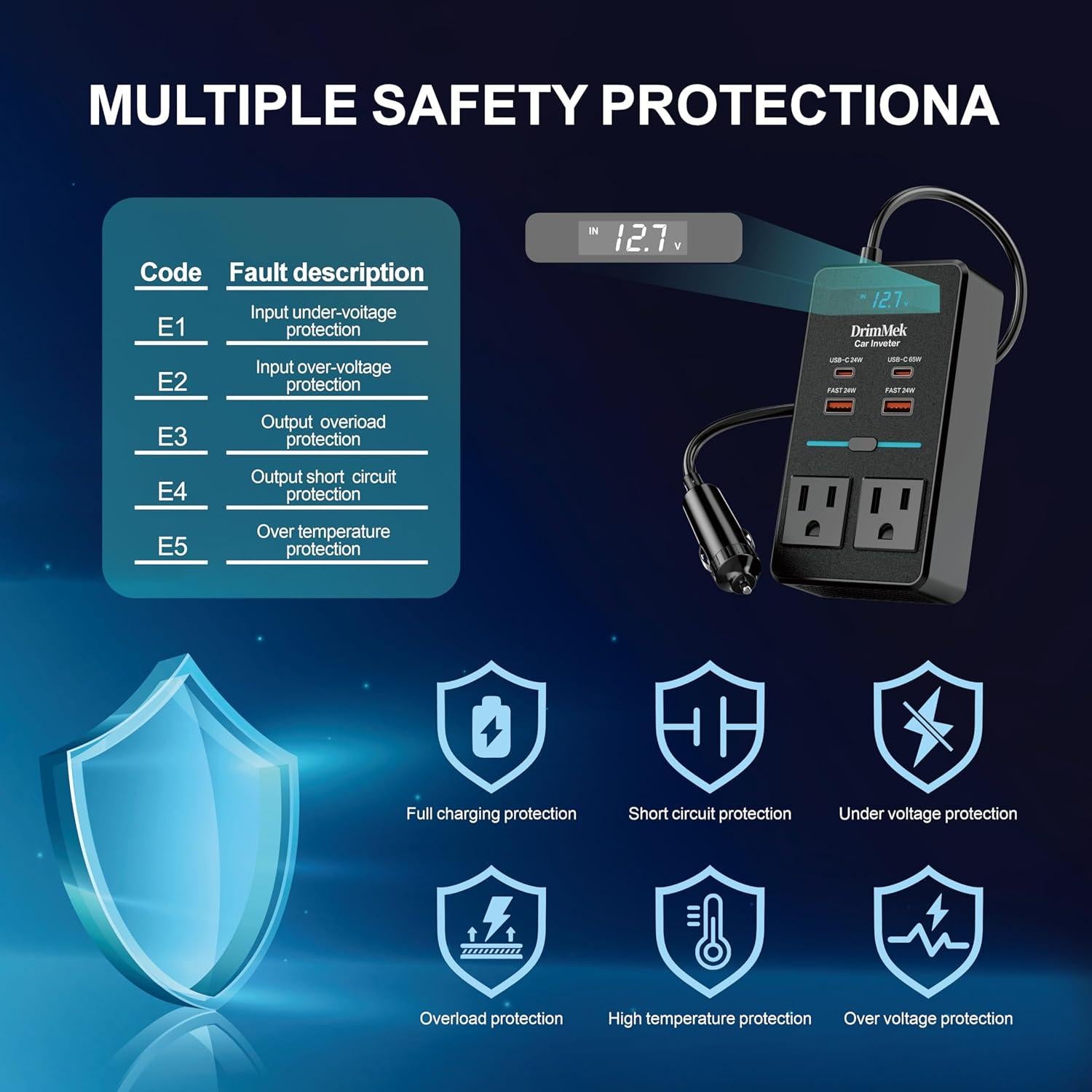 Inversor de Potencia 300W DrimMek 12V a 110V con USB-C