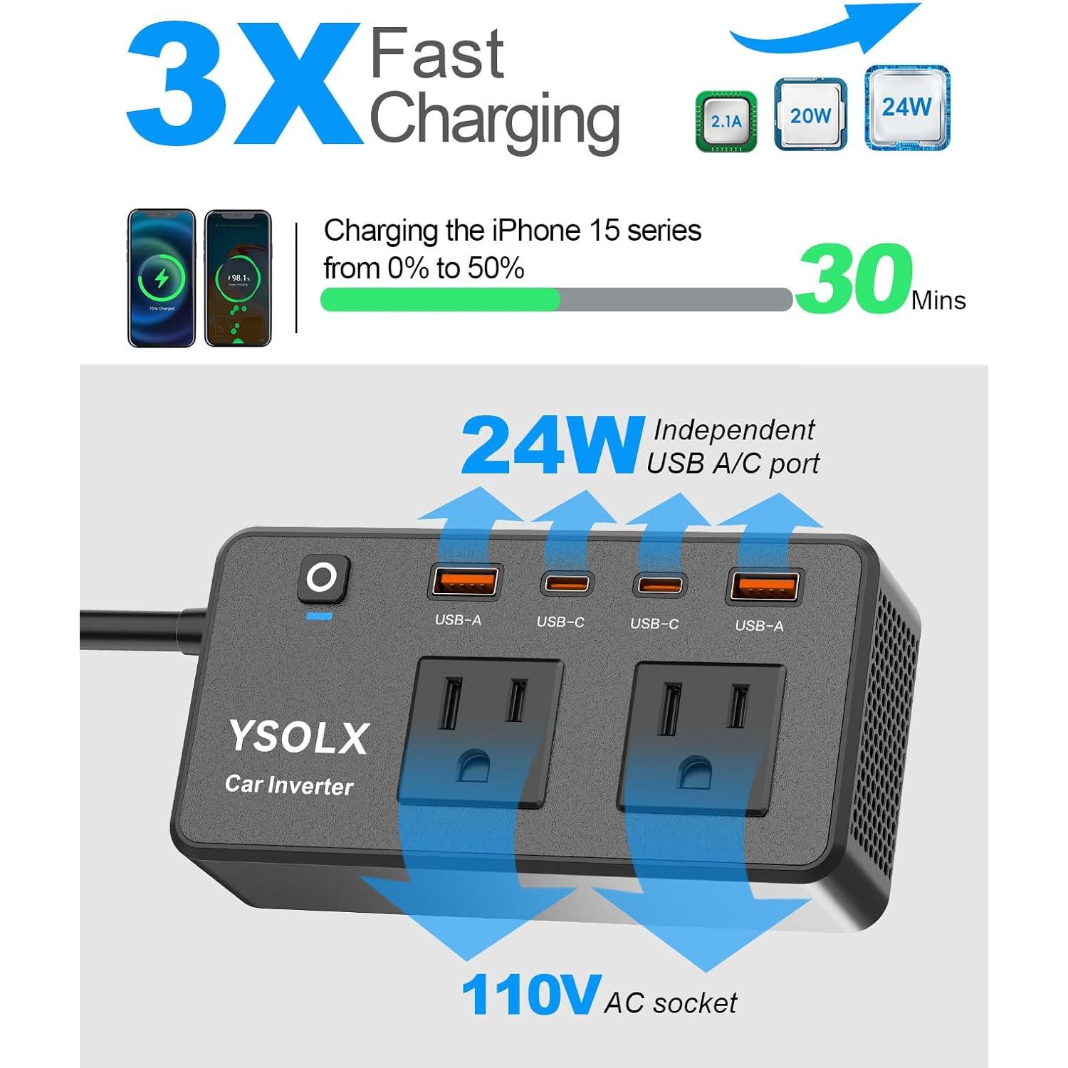 Inversor de Potencia 300W YSOLX DC 12V a 110V AC con USB