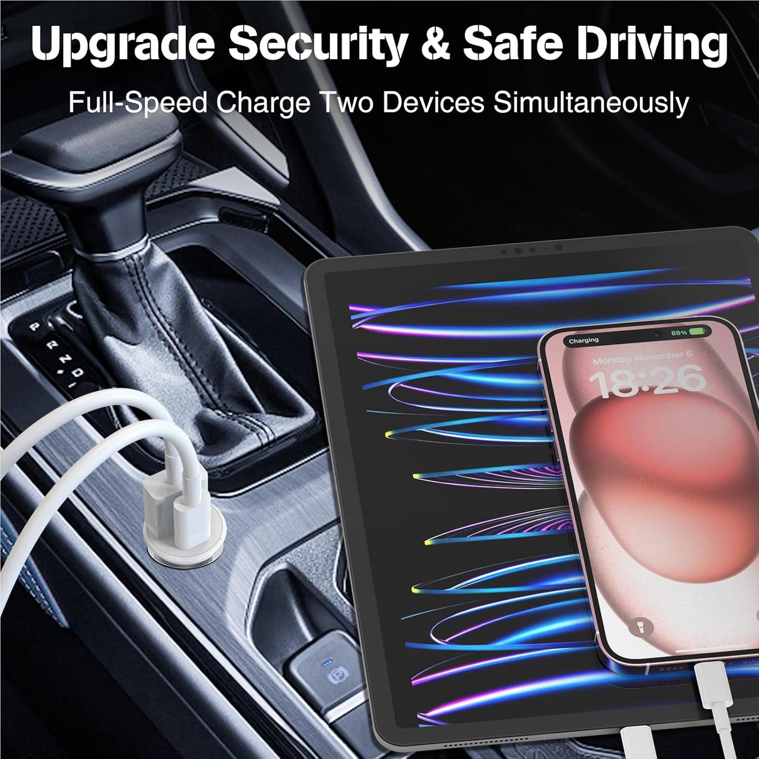 Cargador de coche USB-C 40W con 2 cables para iPhone y Samsung