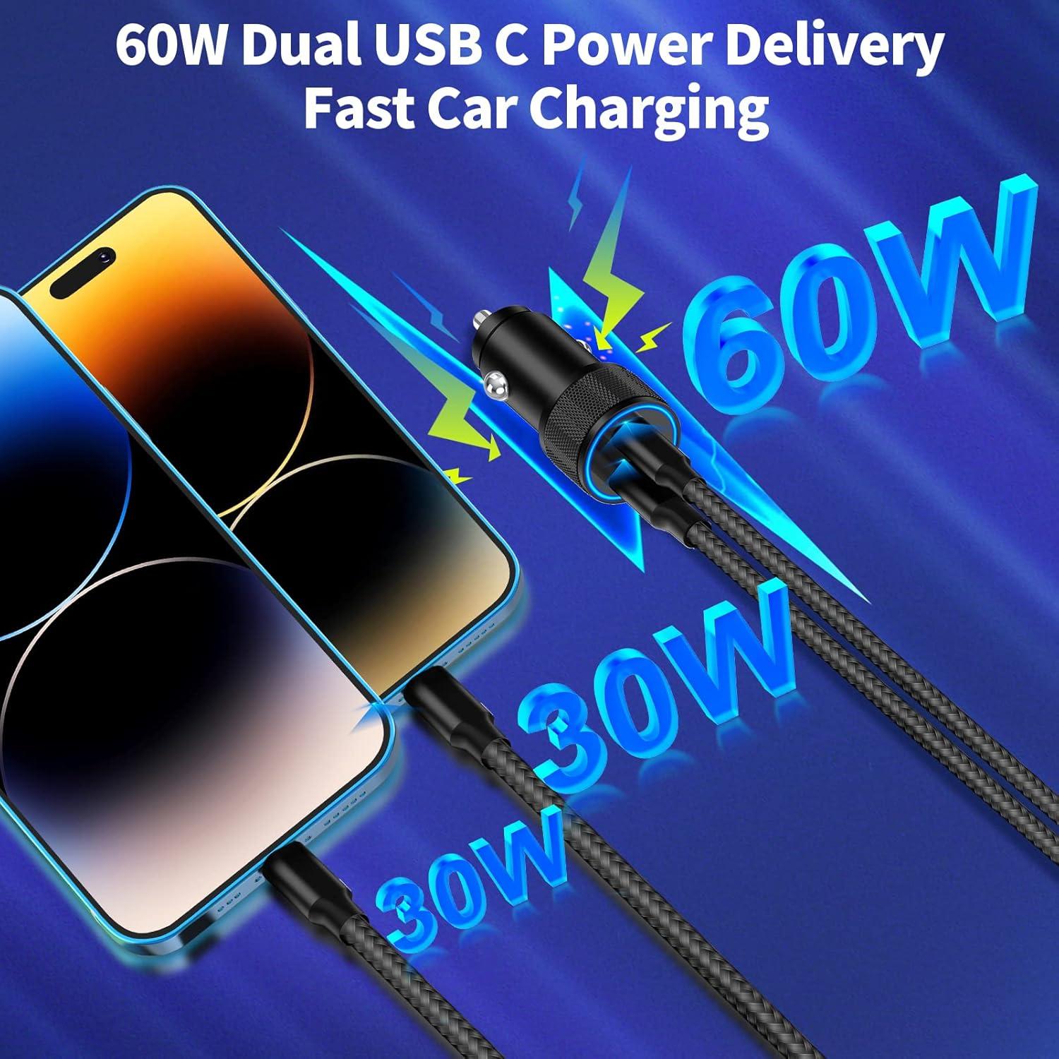 Cargador de coche Linocell 60W USB C dual + 2 cables Lightning