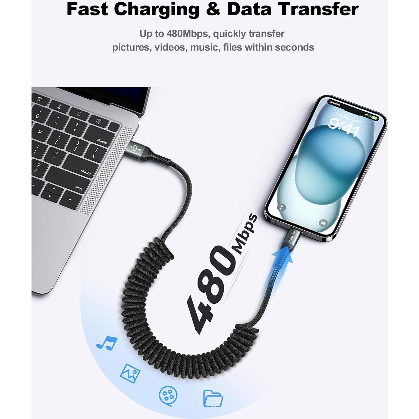 Cable USB C Enrollado Trenzado KIYODA 2Pack 1m Carga Rápida